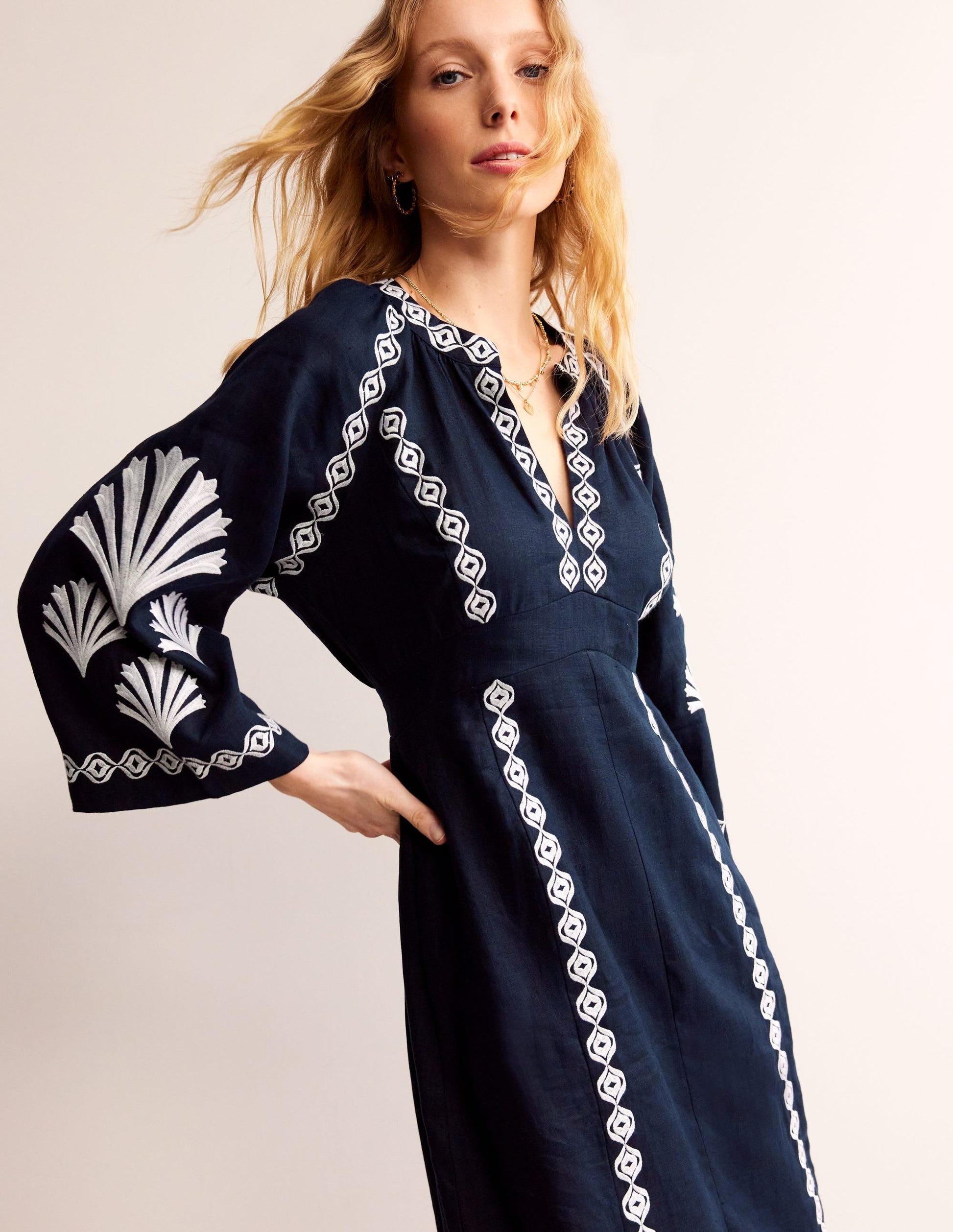 Una Linen Embroidered Dress-Navy-2