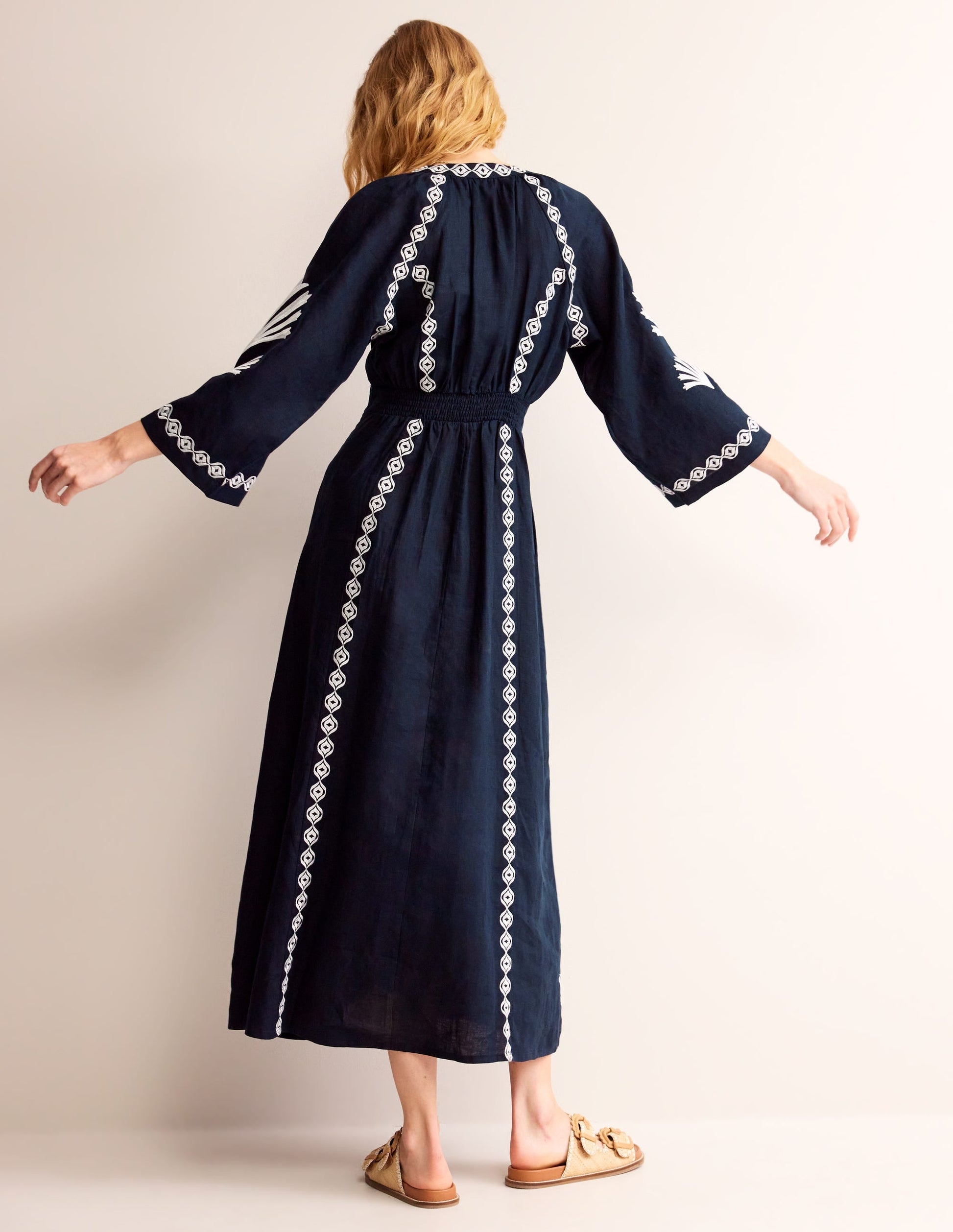 Una Linen Embroidered Dress-Navy-3