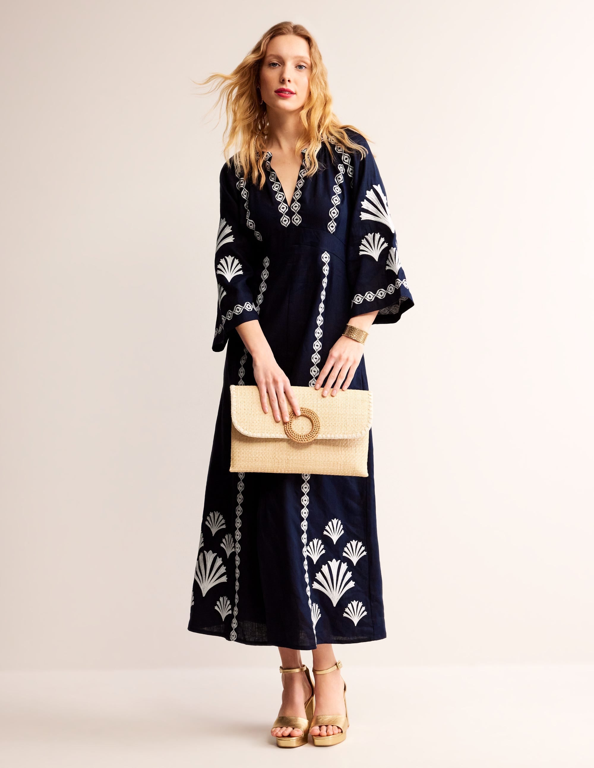 Una Linen Embroidered Dress-Navy - Image 5