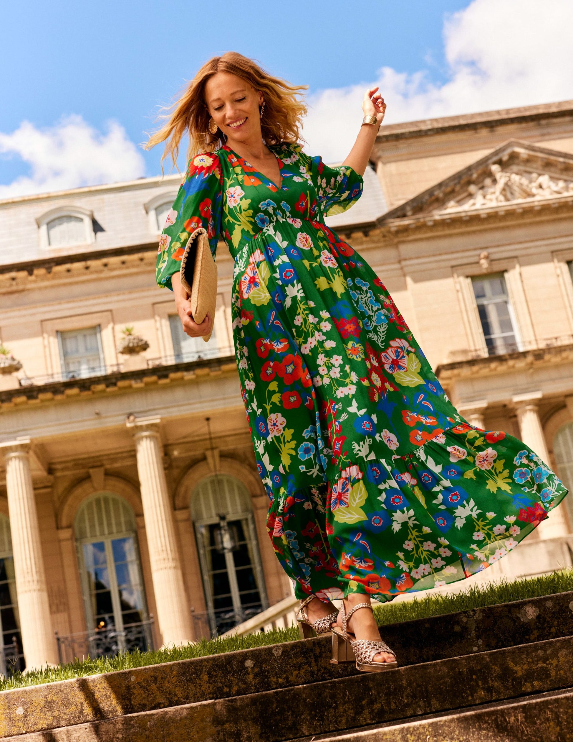 V Neck Puff Maxi Dress-Green Tambourine, Wild Flower-5