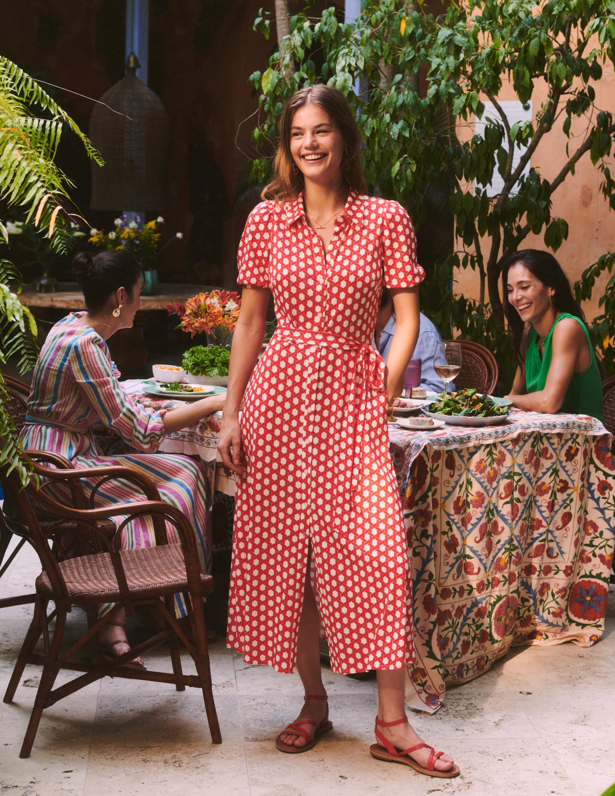 Libby Jersey Midi Shirt Dress-Flame Scarlet, Honeycomb Geo - Image 5