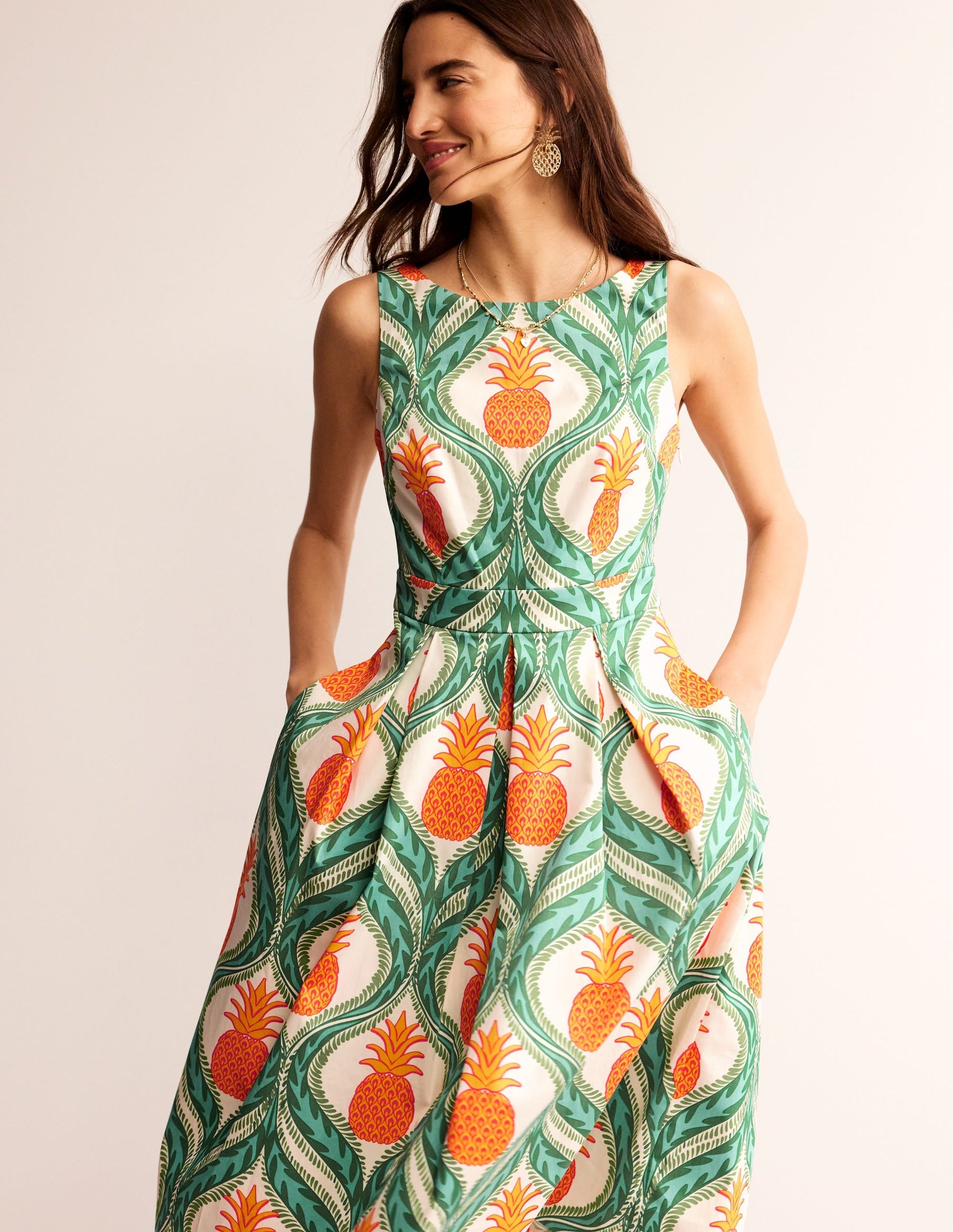 Sleeveless Pleat Midi Dress-Green Tambourine, Pineapple-1