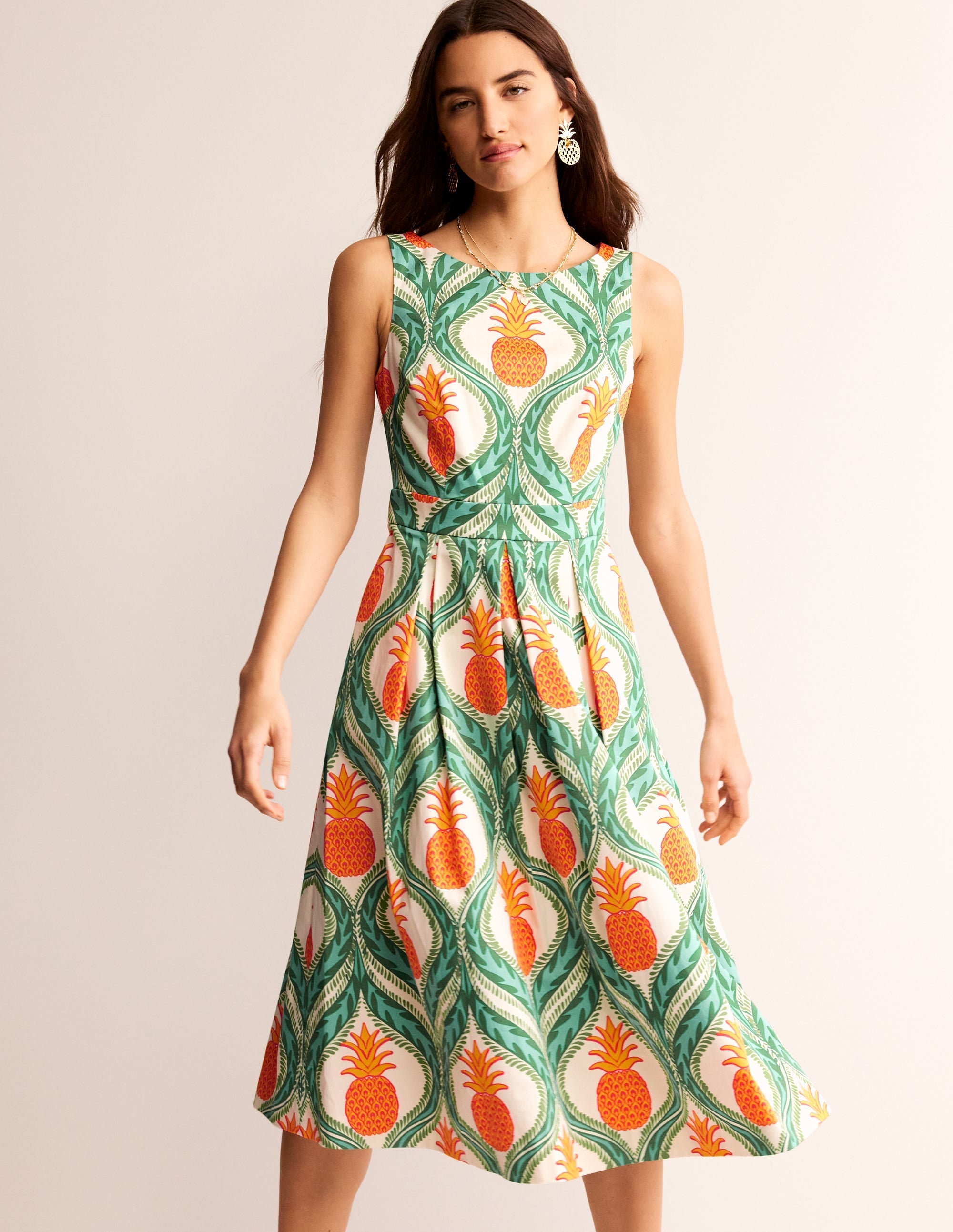 Sleeveless Pleat Midi Dress-Green Tambourine, Pineapple - Image 2