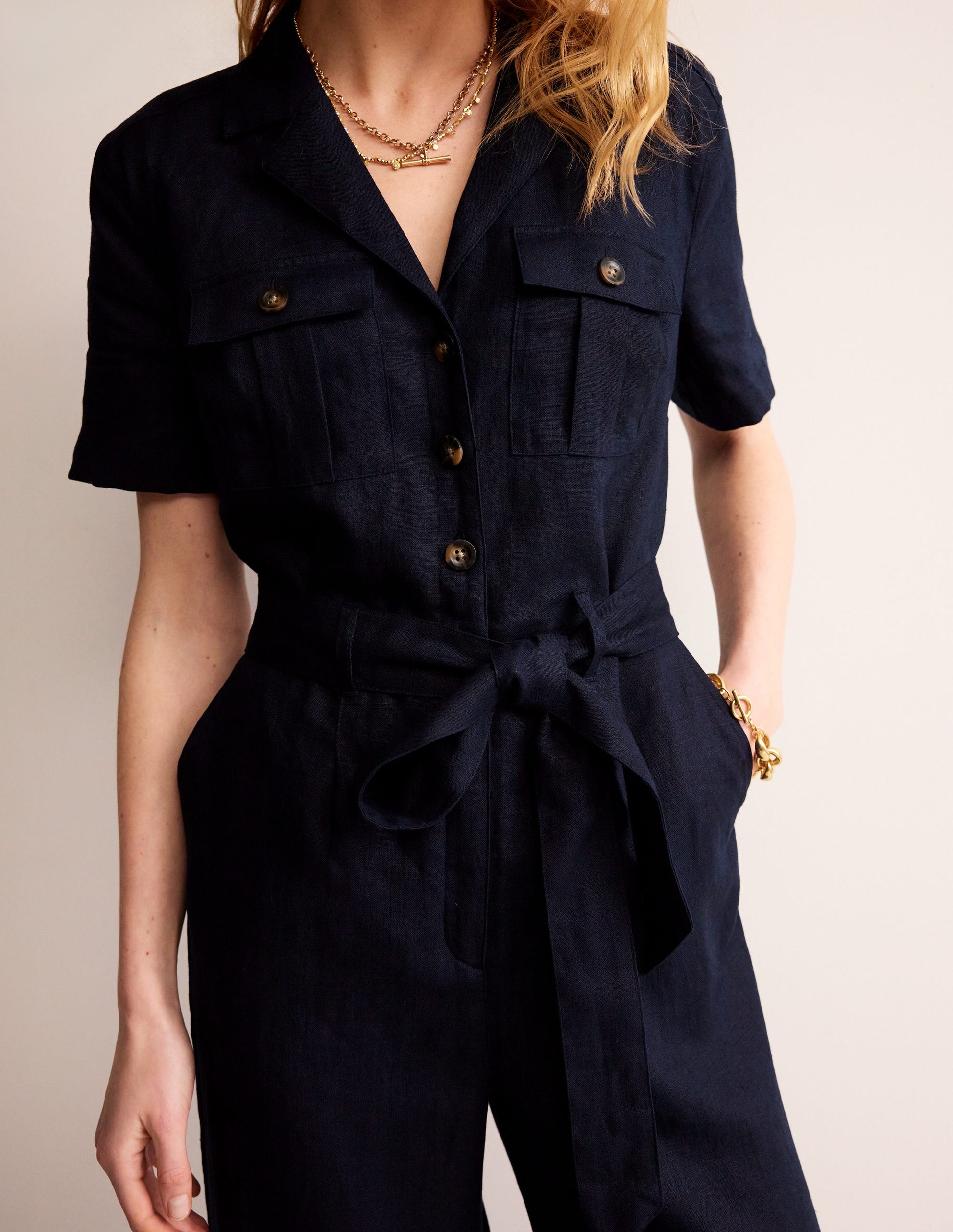 Belted Linen Jumpsuit-Navy-3