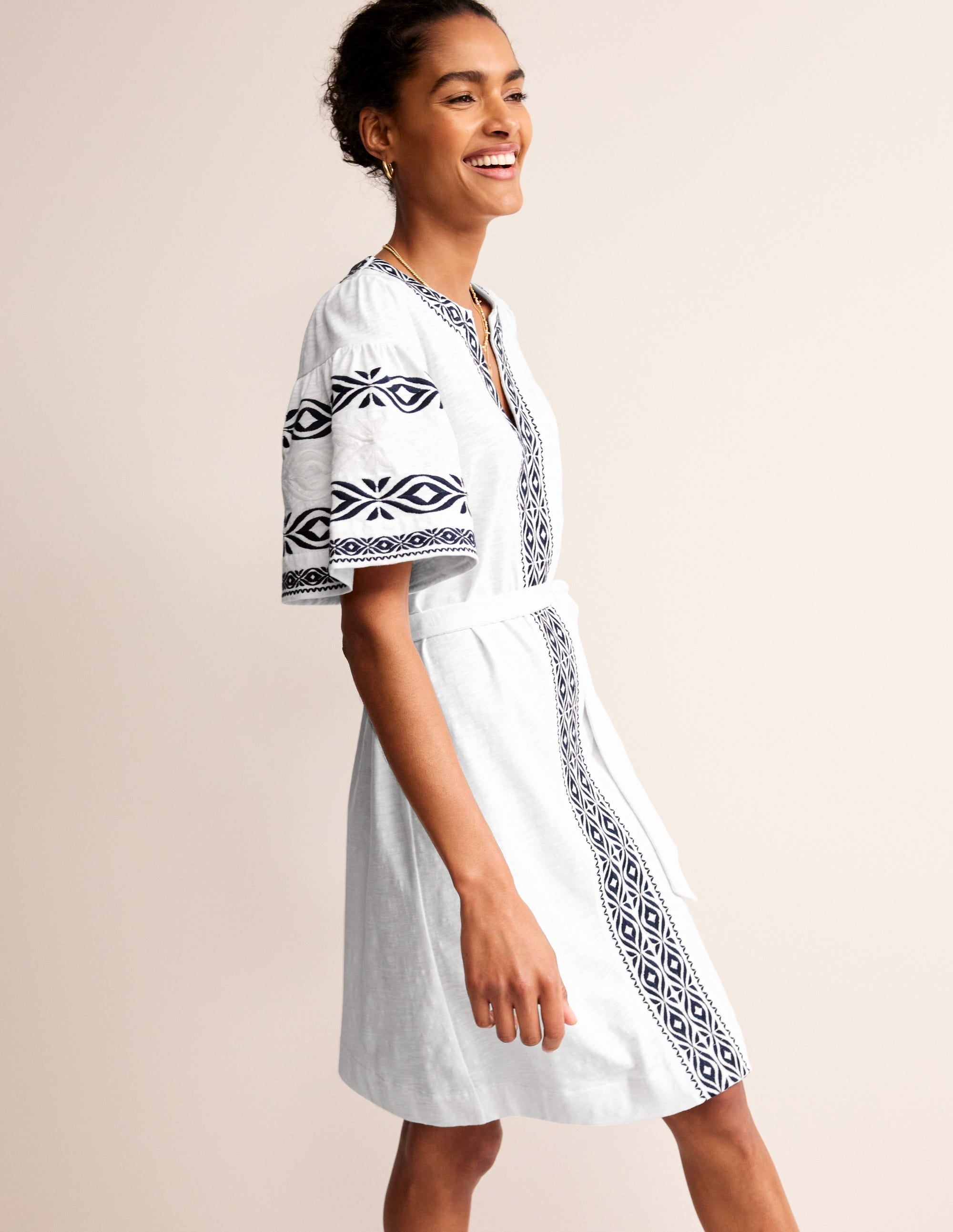 Embroidered Jersey Short Dress-White - Image 1