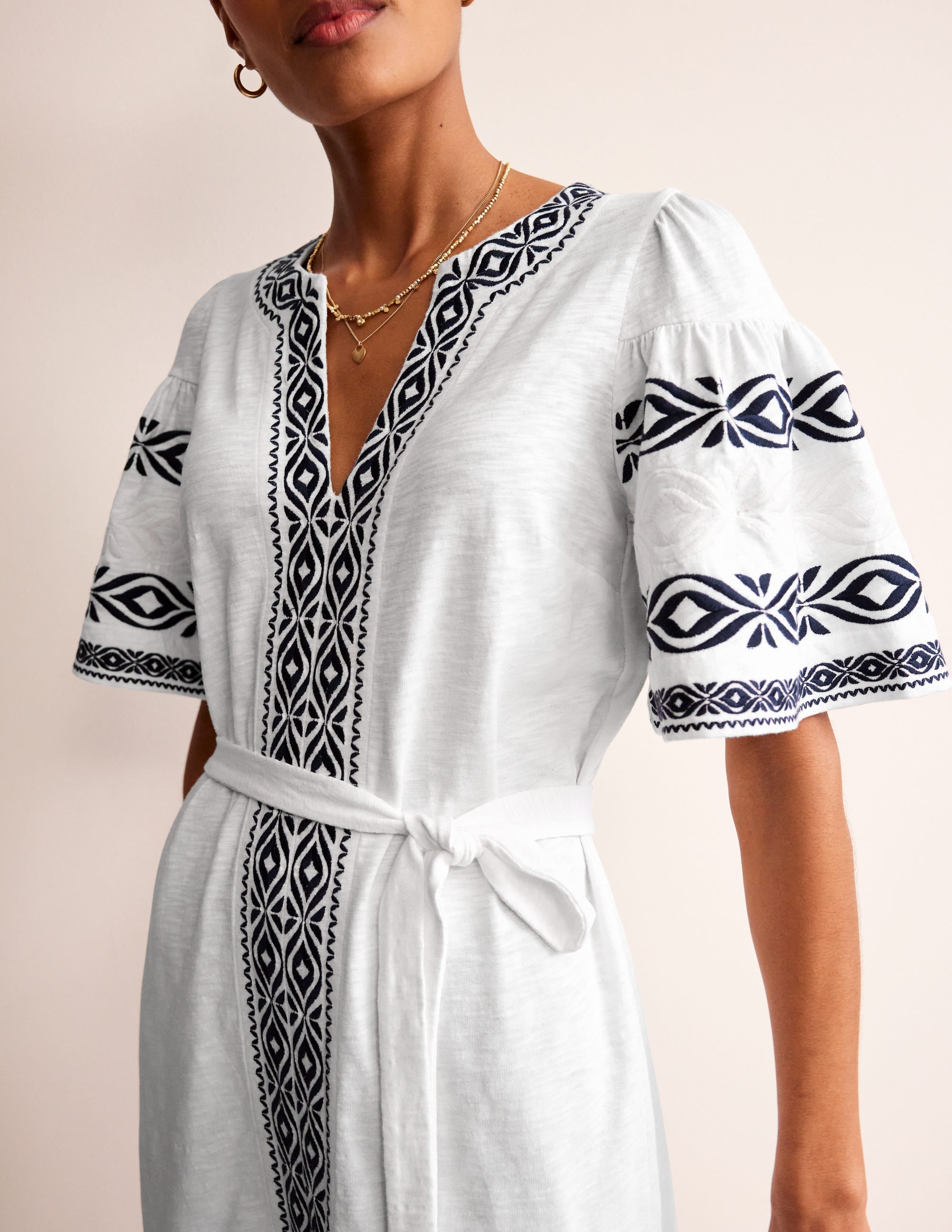 Embroidered Jersey Short Dress-White - Image 2