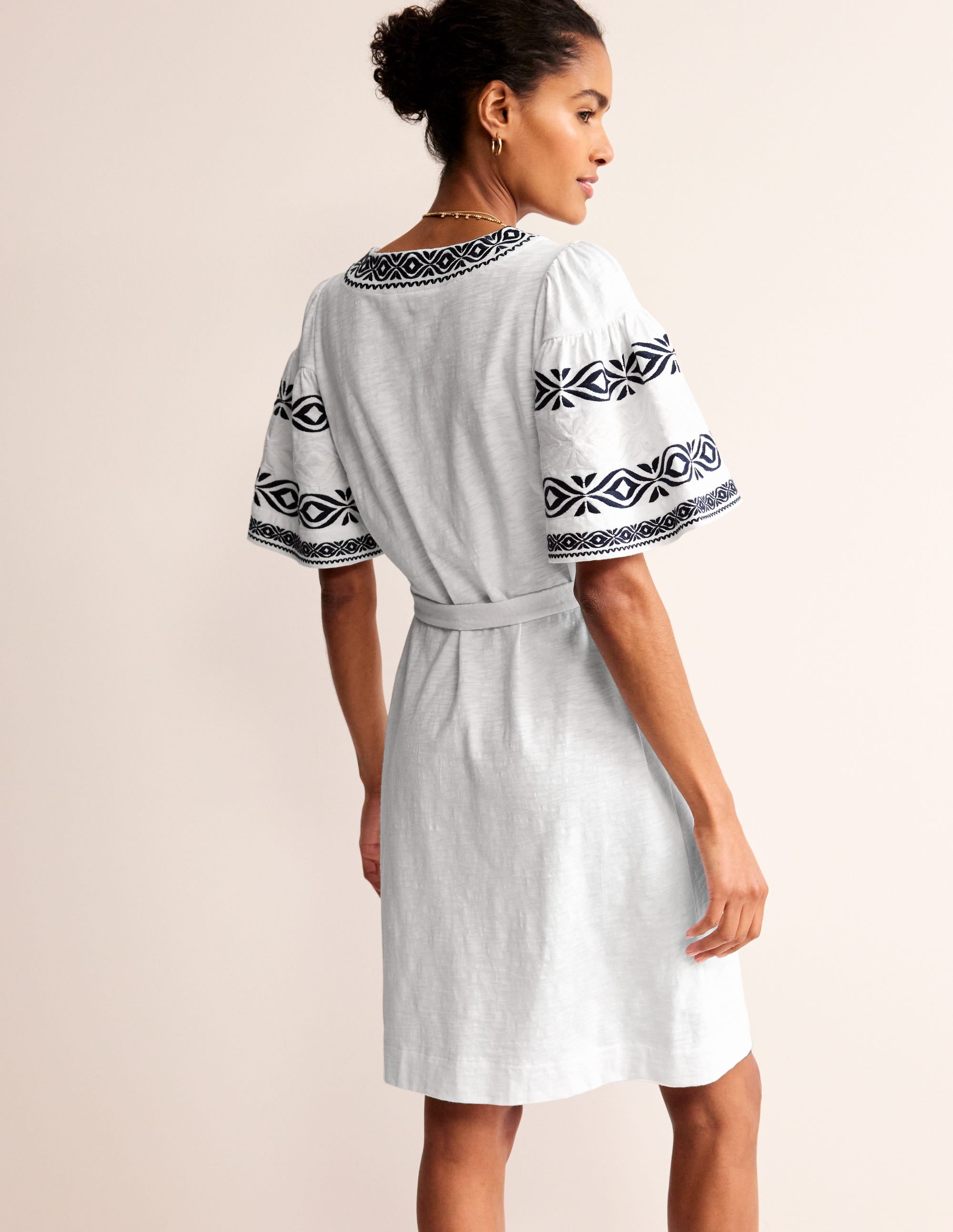 Embroidered Jersey Short Dress-White - Image 3