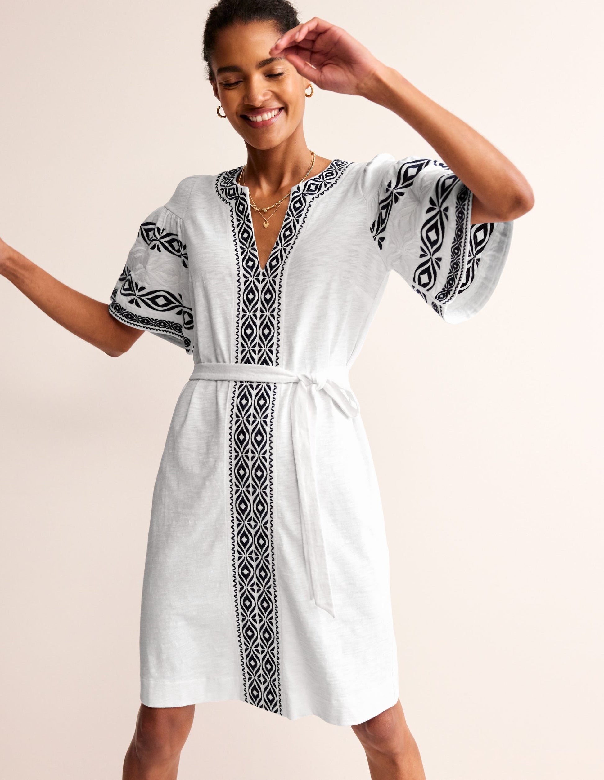 Embroidered Jersey Short Dress-White-4