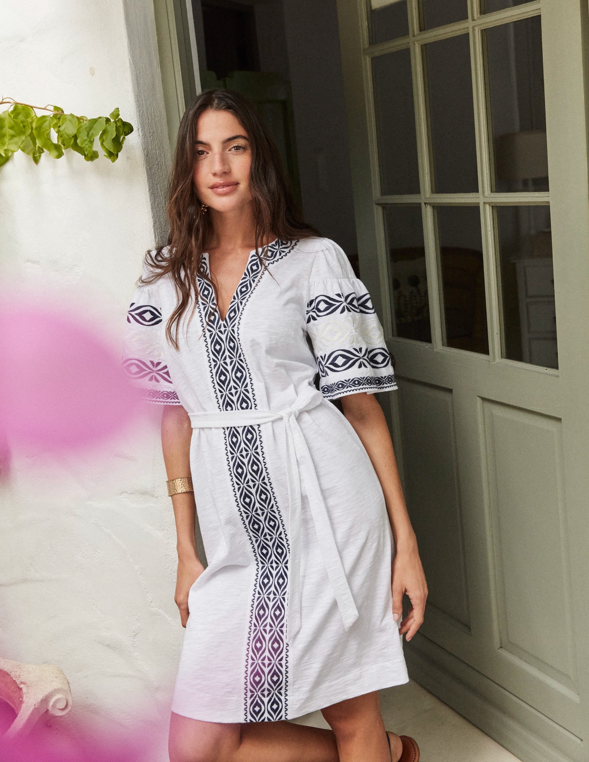 Embroidered Jersey Short Dress-White - Image 5