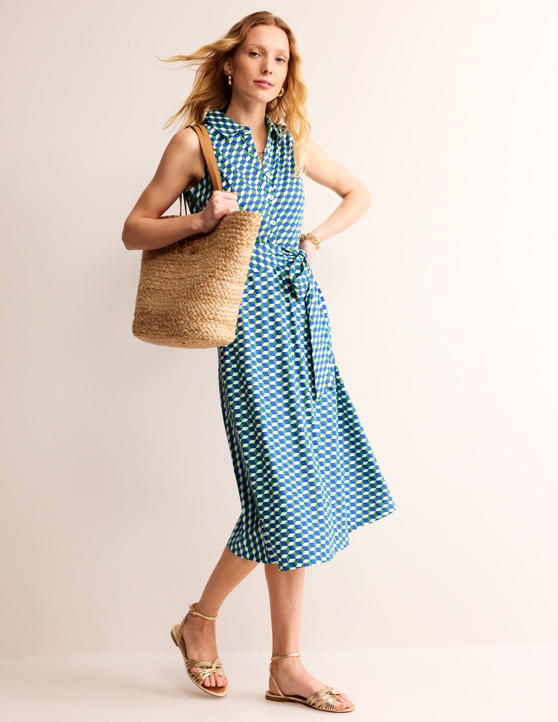Laura Sleeveless Shirt Dress-Kelly Green, Diamond Cube-1