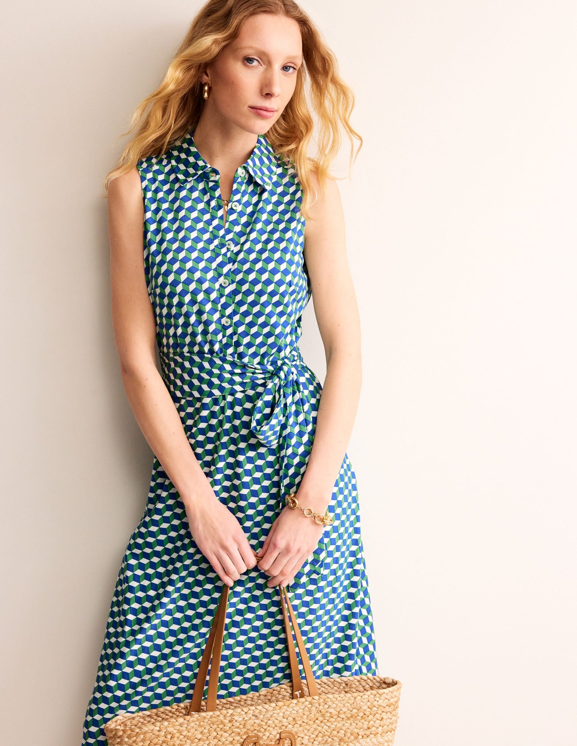 Laura Sleeveless Shirt Dress-Kelly Green, Diamond Cube-4
