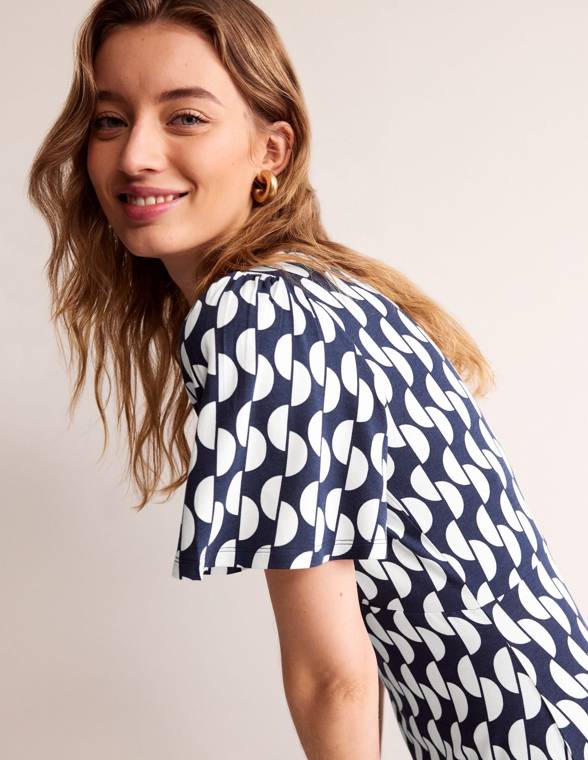 Felicity Jersey Midi Tea Dress-French Navy, Geo Wave-1