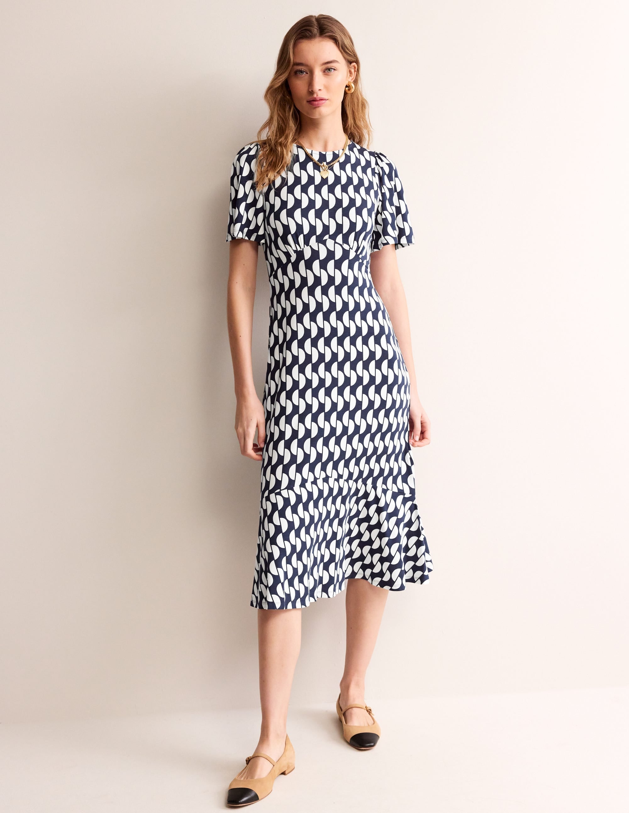 Felicity Jersey Midi Tea Dress-French Navy, Geo Wave - Image 2