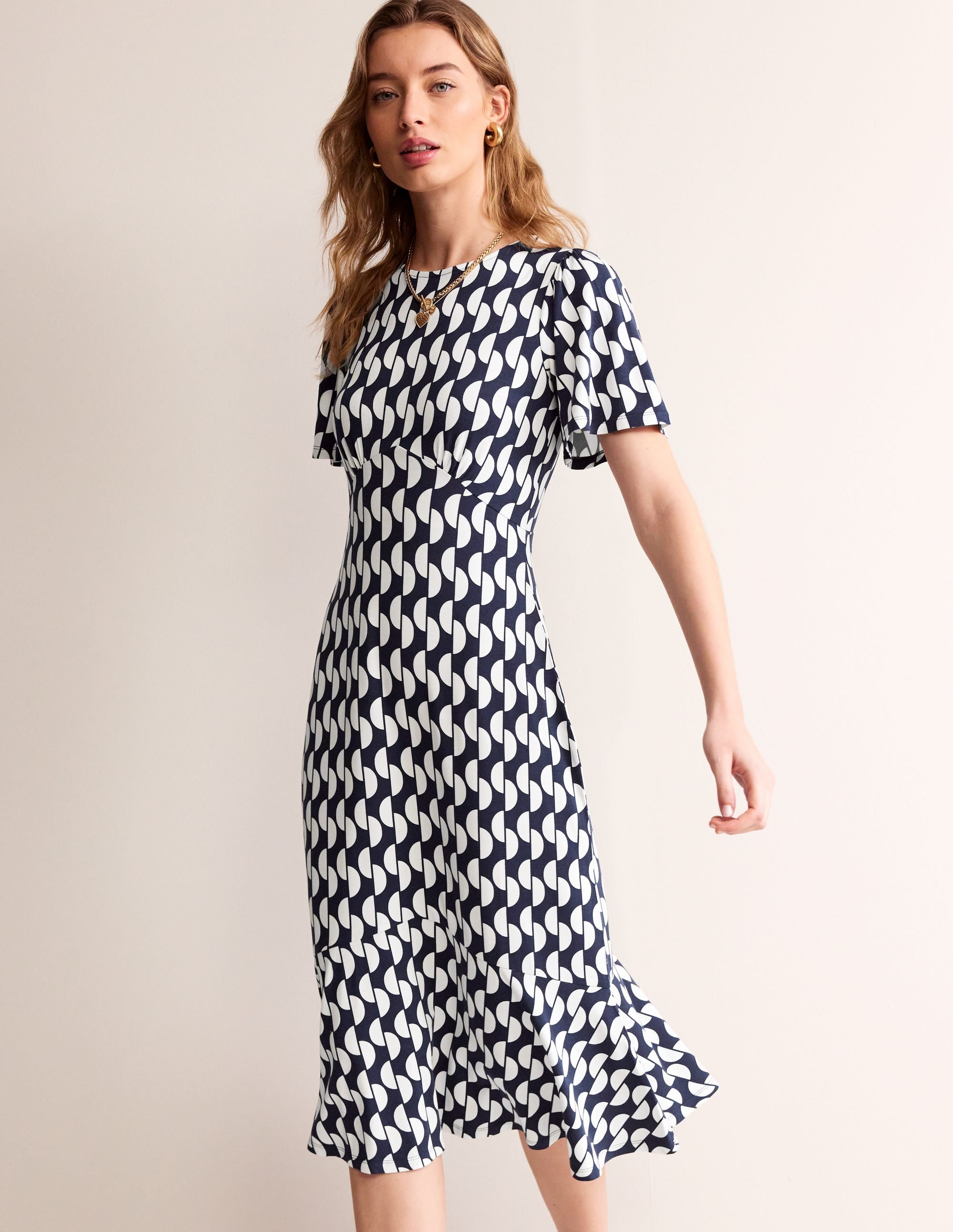 Felicity Jersey Midi Tea Dress-French Navy, Geo Wave - Image 4