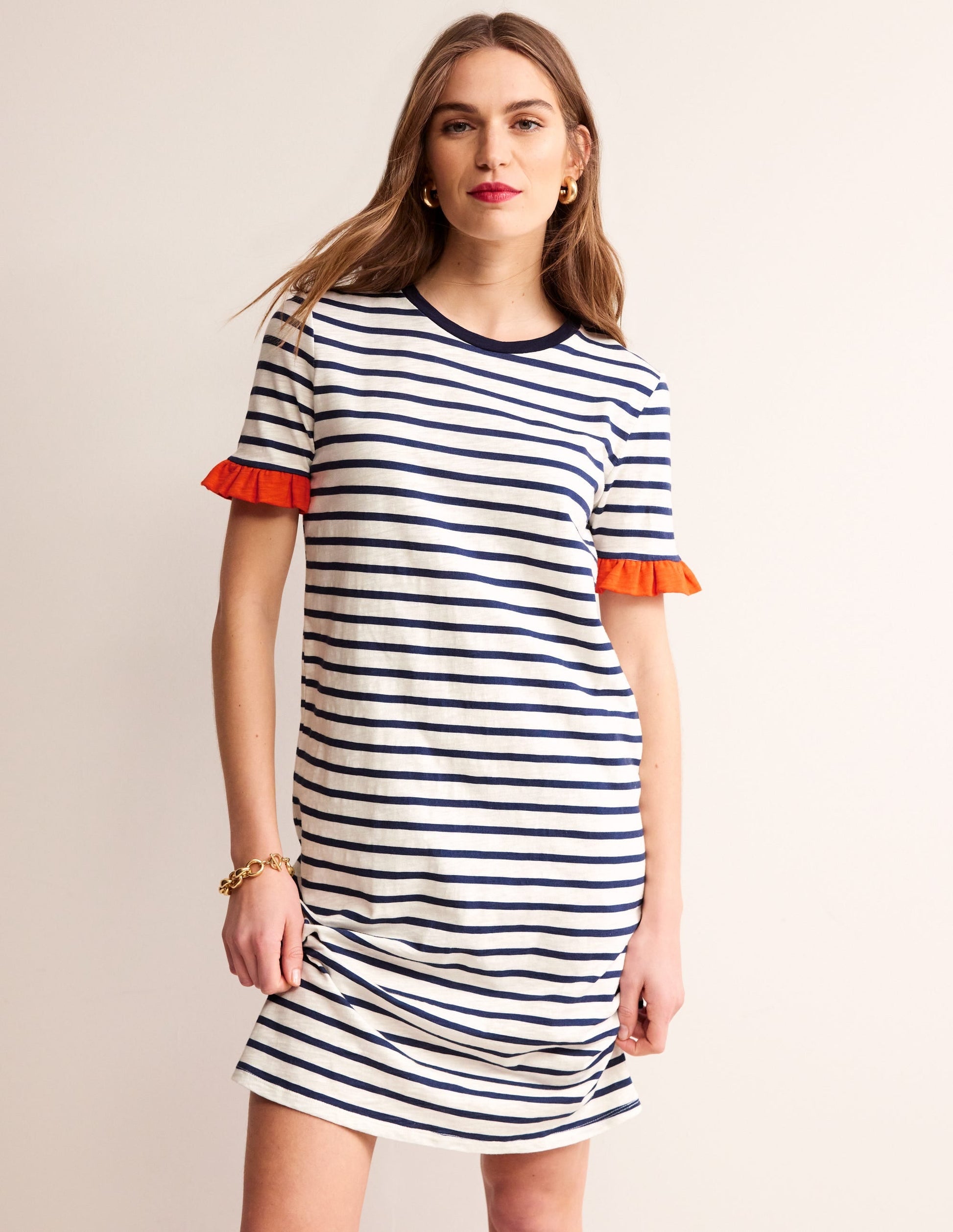 Emily Ruffle Cotton Dress-Ivory, Navy Stripe-1