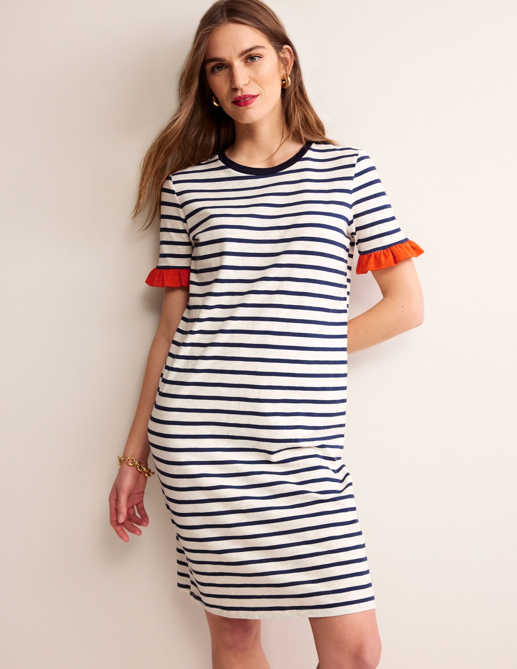Emily Ruffle Cotton Dress-Ivory, Navy Stripe - Image 4