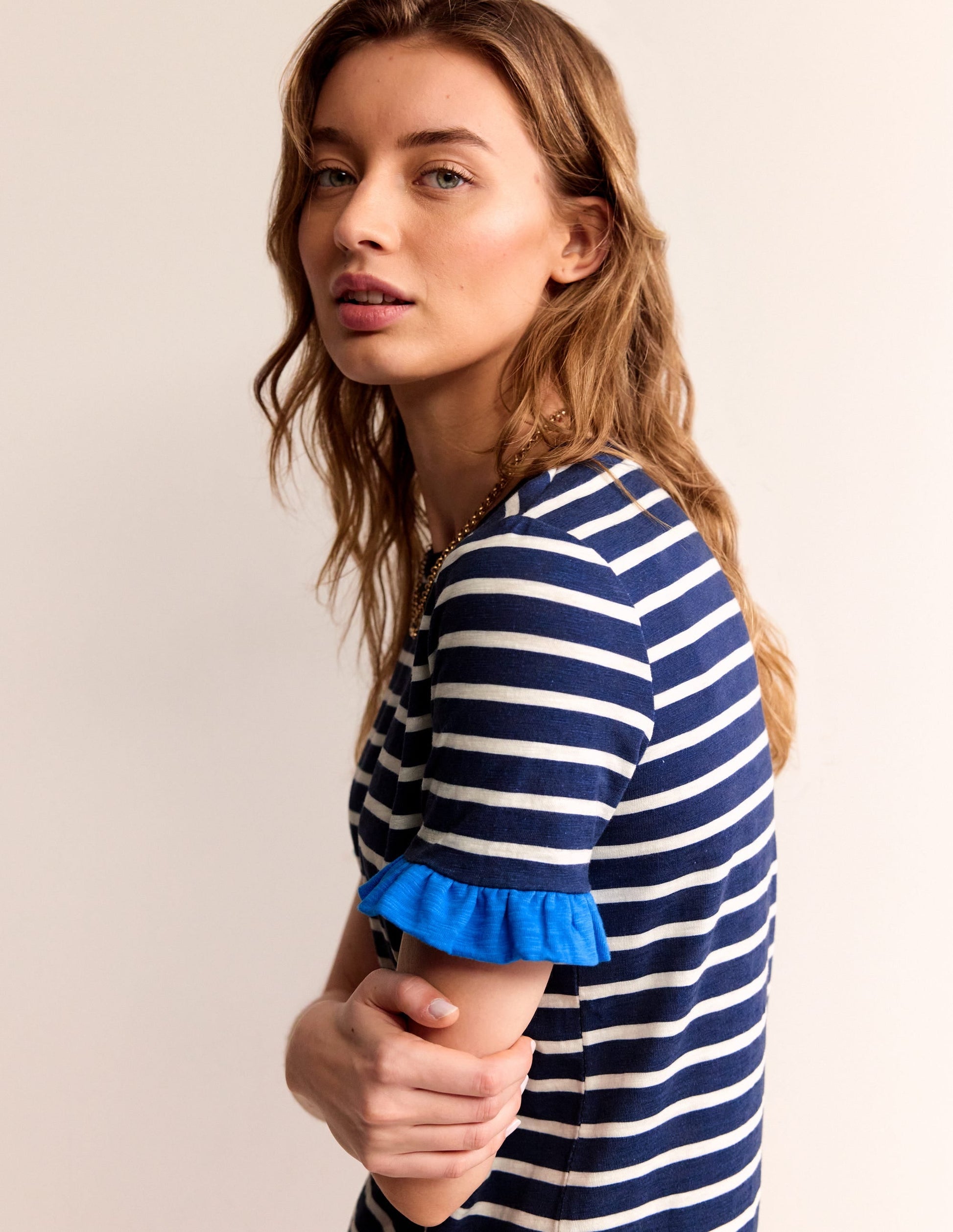 Emily Ruffle Cotton Dress-Navy, Ivory Stripe-1