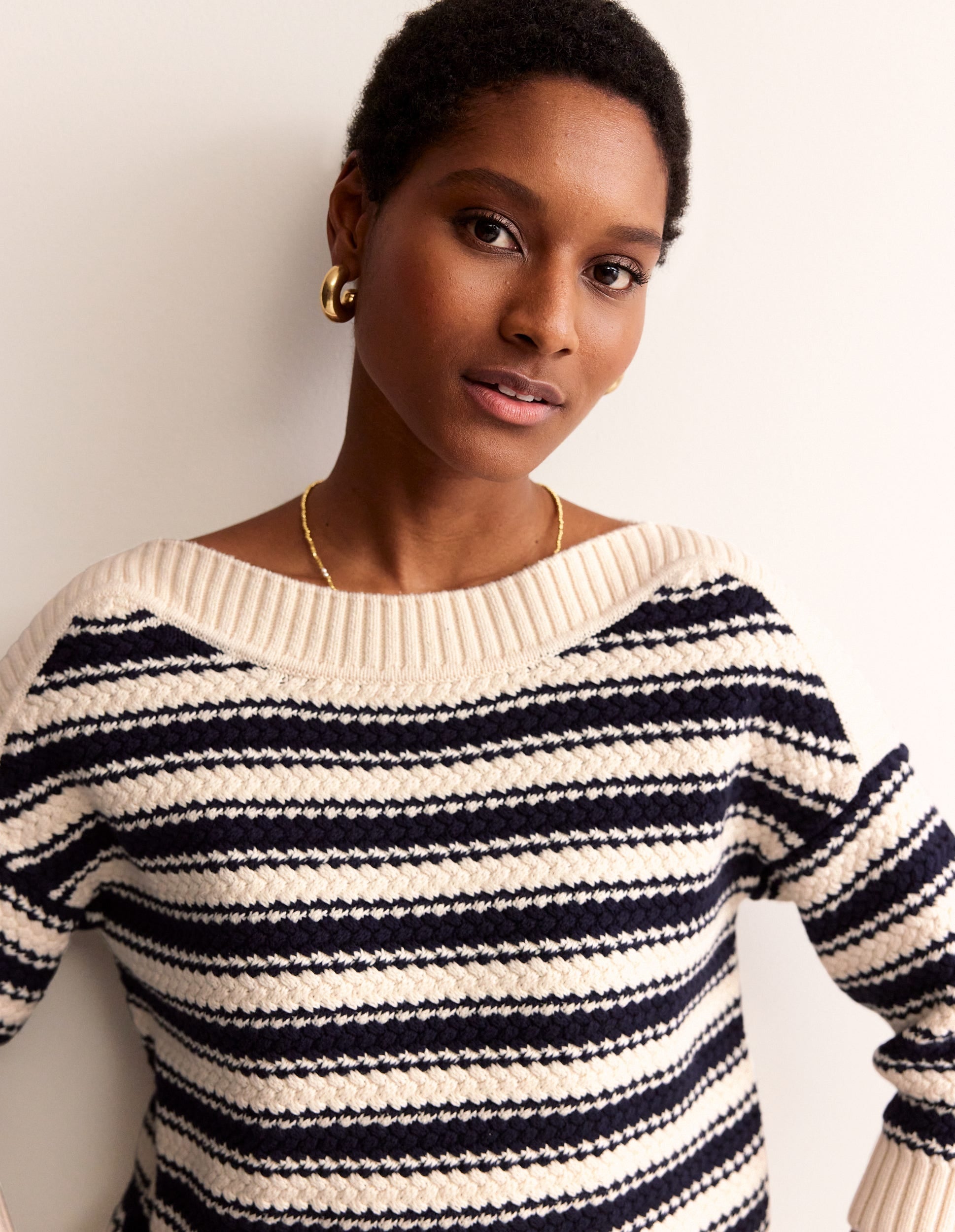 Textured Cotton Stripe Jumper-Navy, Ivory Textured Stripe - Image 1