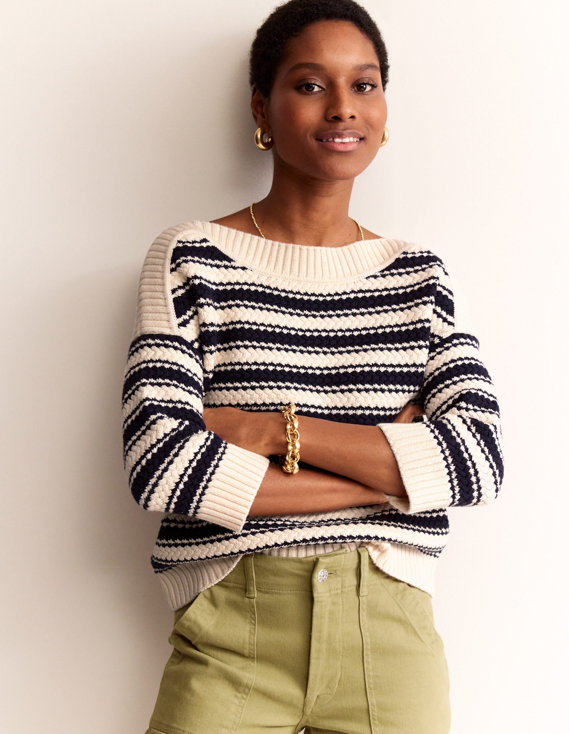 Textured Cotton Stripe Jumper-Navy, Ivory Textured Stripe-2