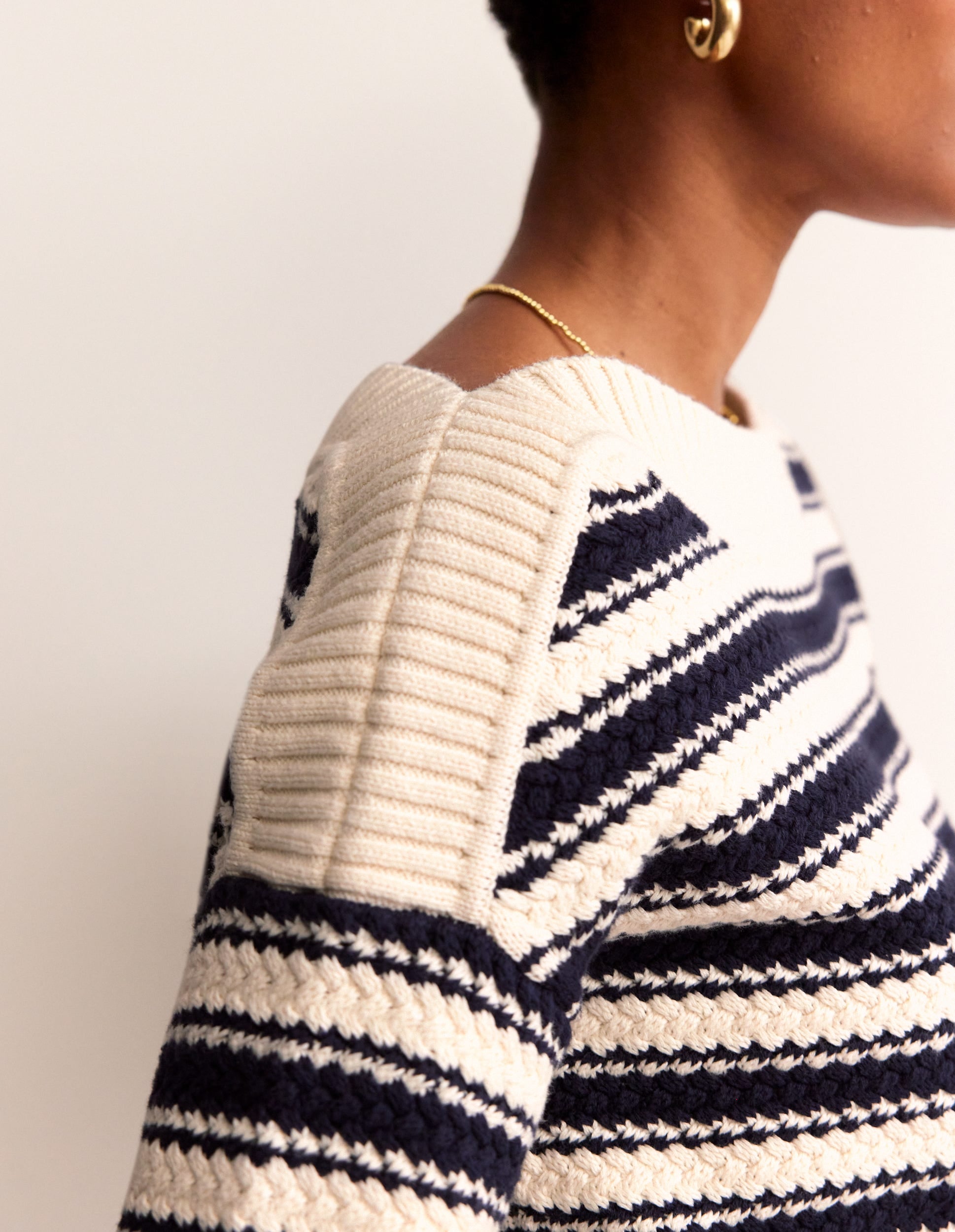 Textured Cotton Stripe Jumper-Navy, Ivory Textured Stripe - Image 3