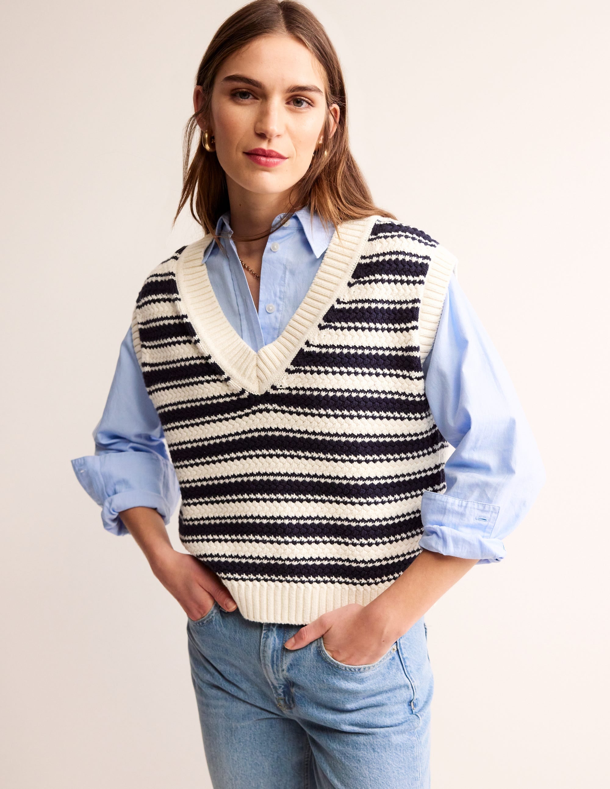 Textured Striped Cotton Tank-Navy, Ivory Textured Stripe - Image 1