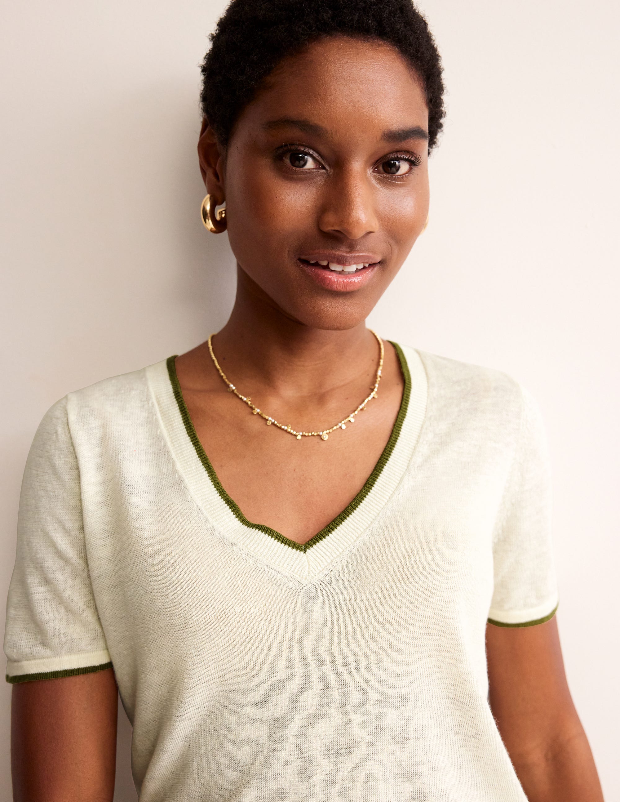 Maggie V-Neck Linen T-Shirt-Warm Ivory - Image 1