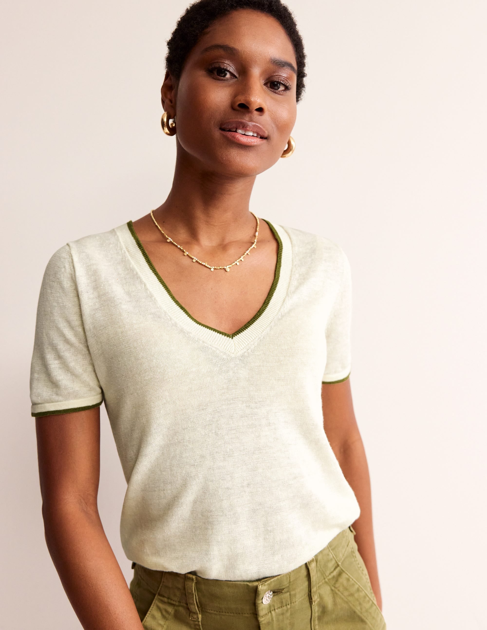 Maggie V-Neck Linen T-Shirt-Warm Ivory - Image 2