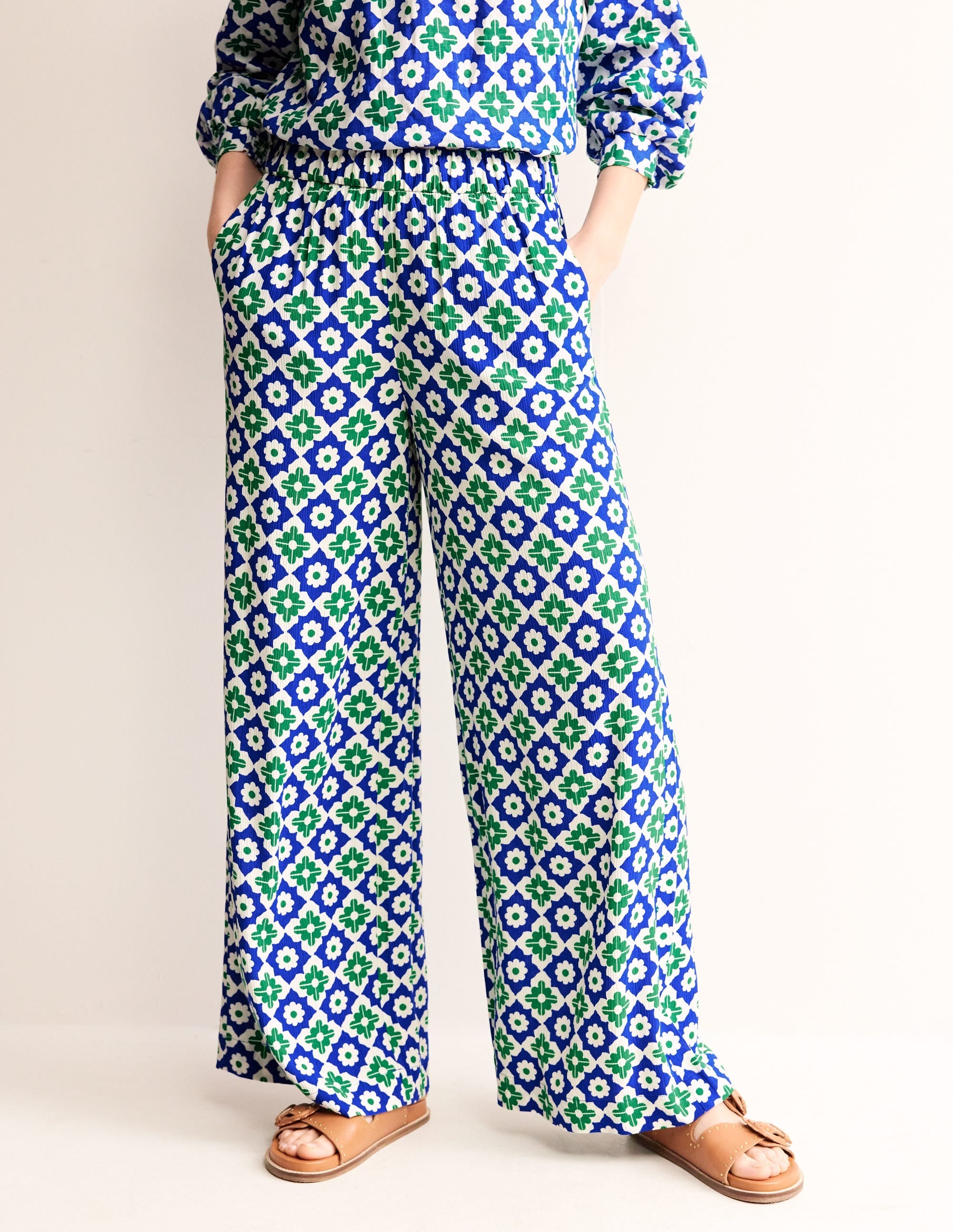 Crinkle Wide Trousers-Green Tambourine, Geometric - Image 2