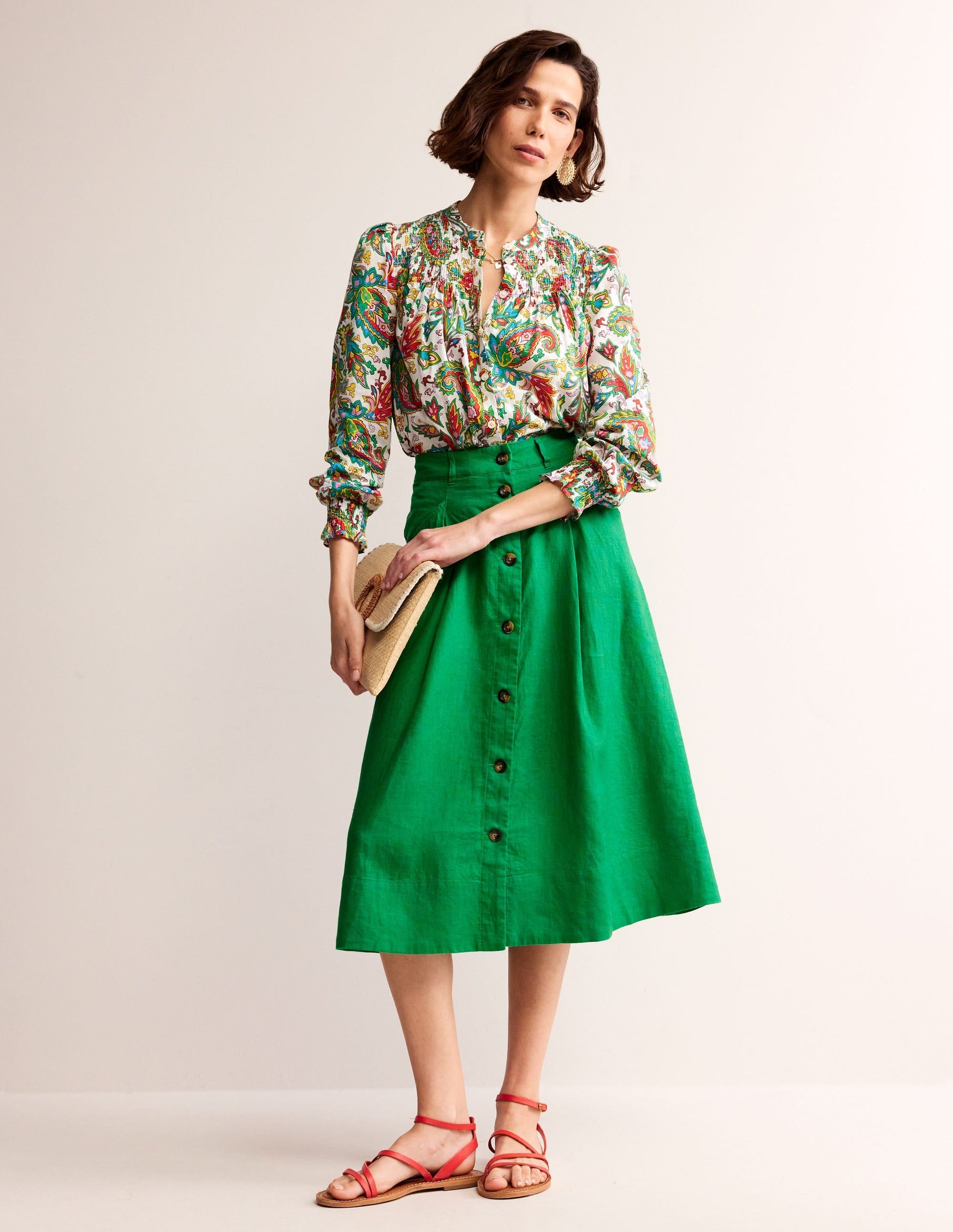 Petra Linen Midi Skirt-Green Tambourine-1