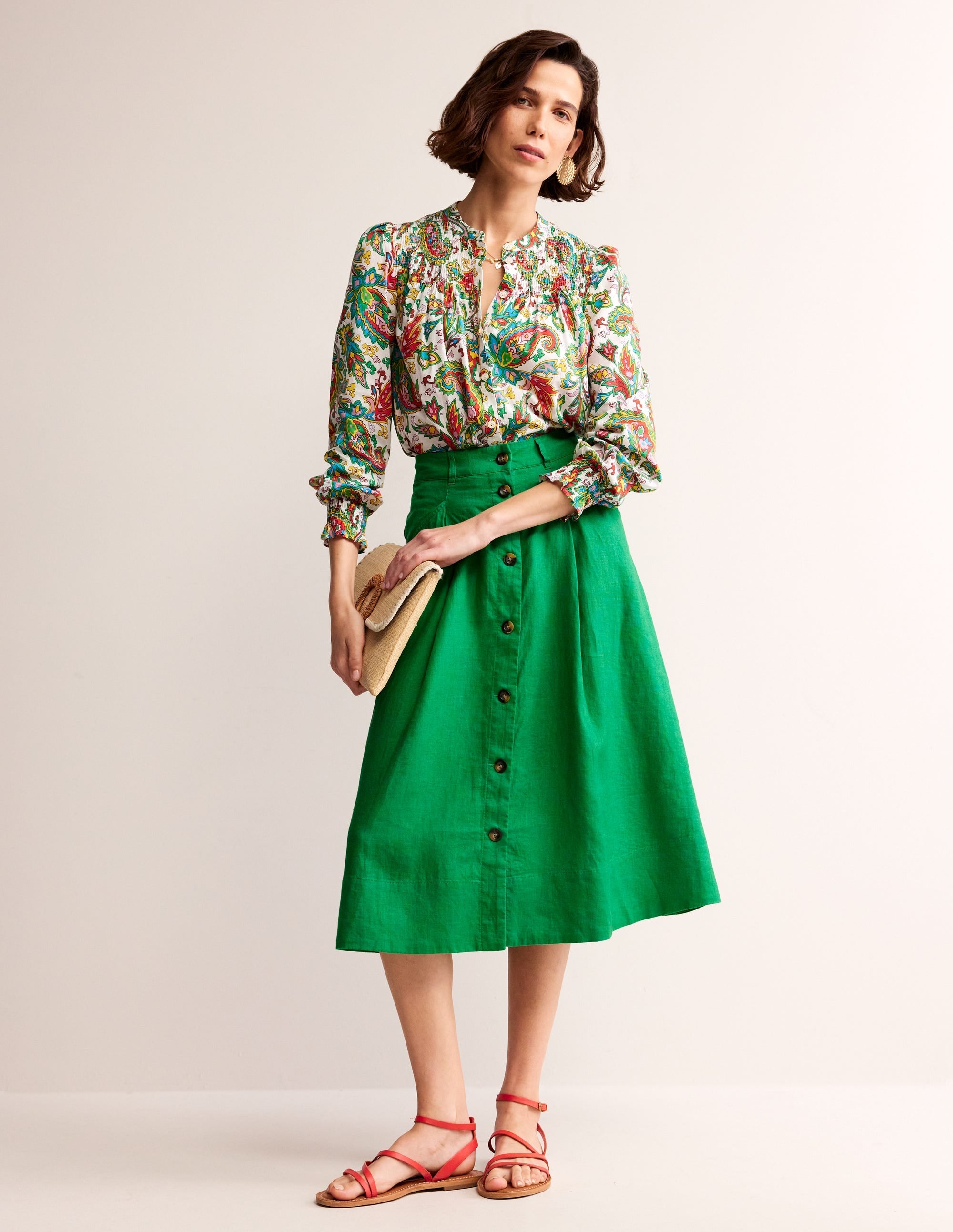 Petra Linen Midi Skirt-Green Tambourine - Image 1