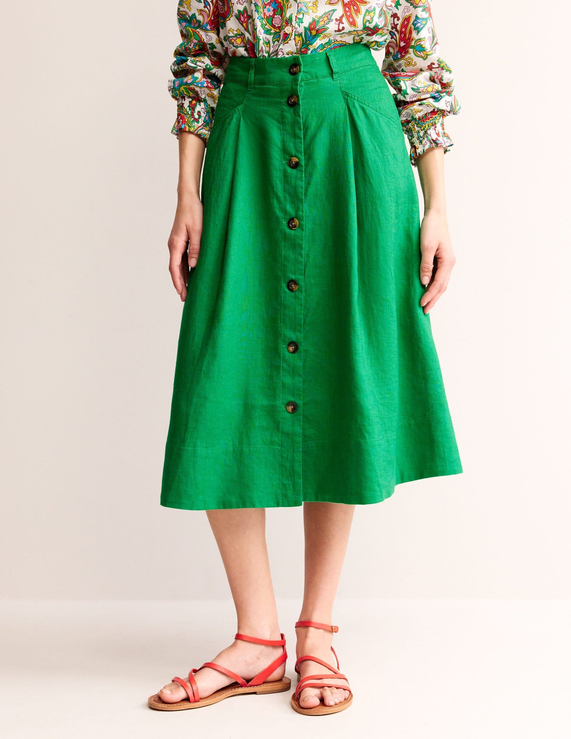 Petra Linen Midi Skirt-Green Tambourine-4