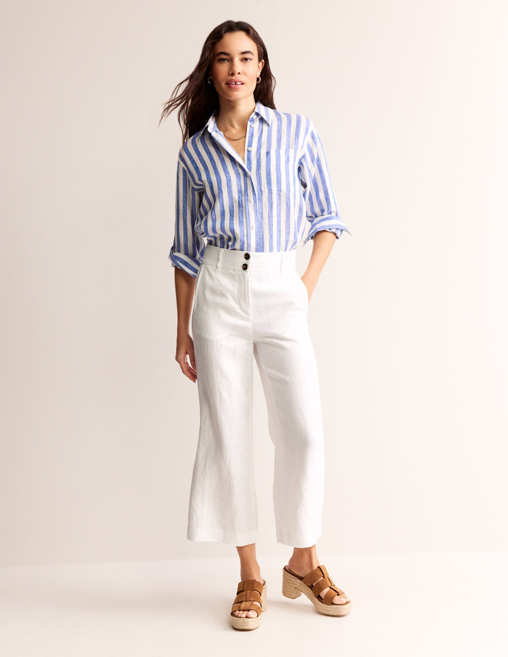Westbourne Linen Crop Trousers-White - Image 1