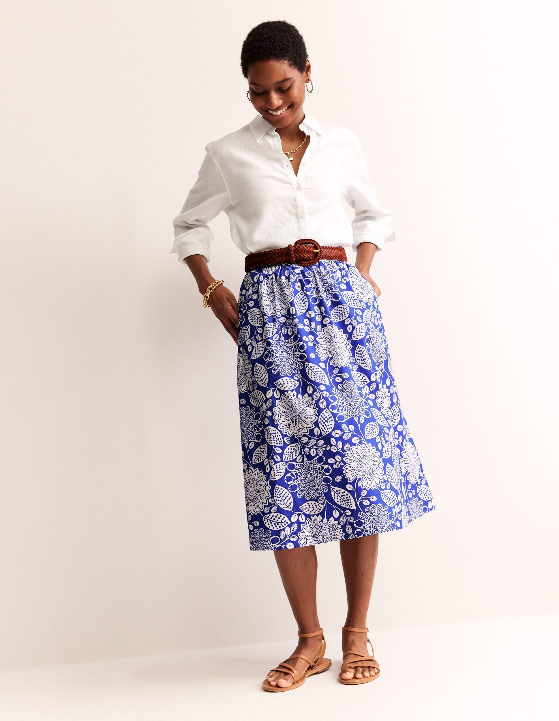 Hattie Poplin Midi Skirt-Surf The Web, Gardenia Swirl-1
