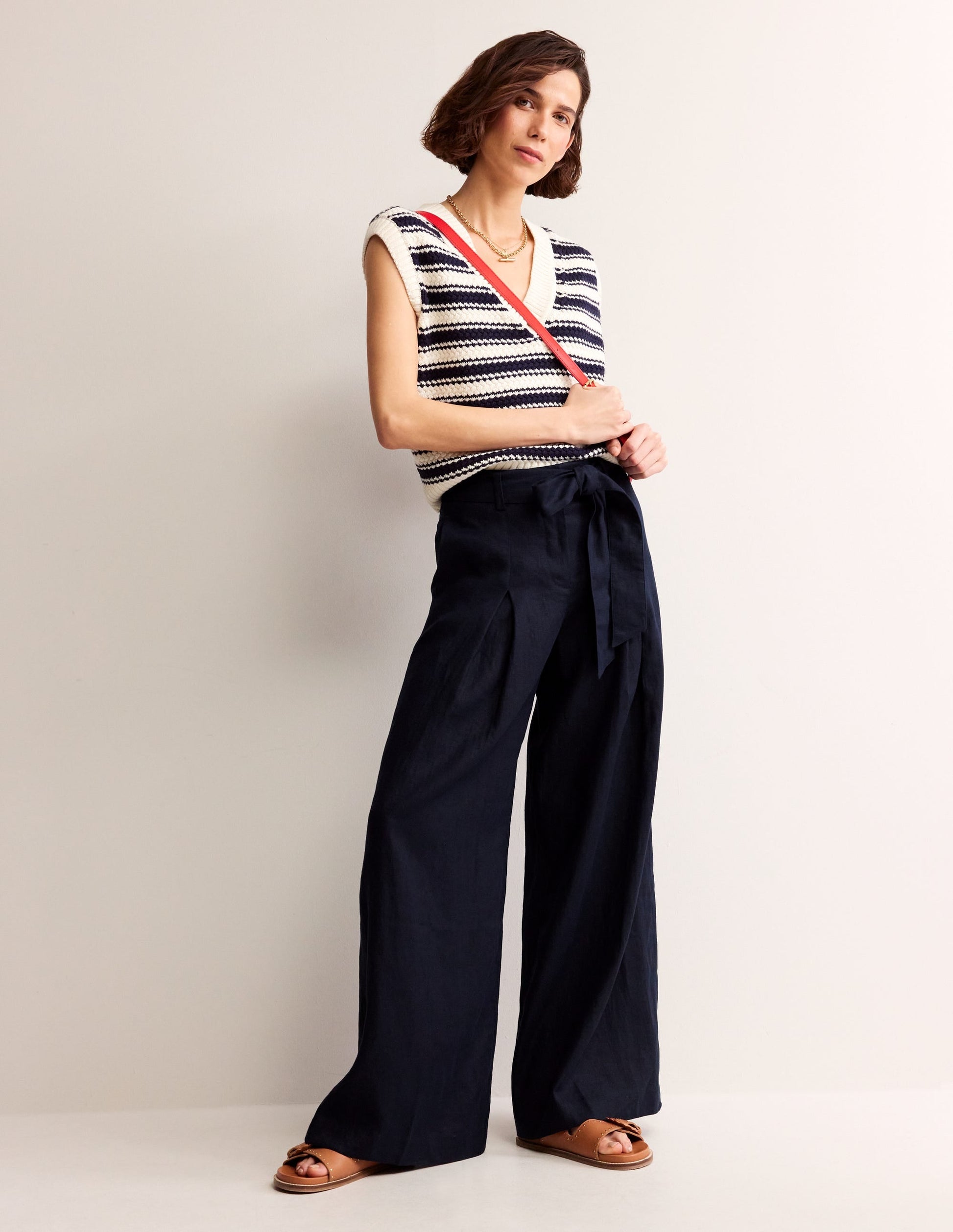 Palazzo Linen Trousers-Navy-1