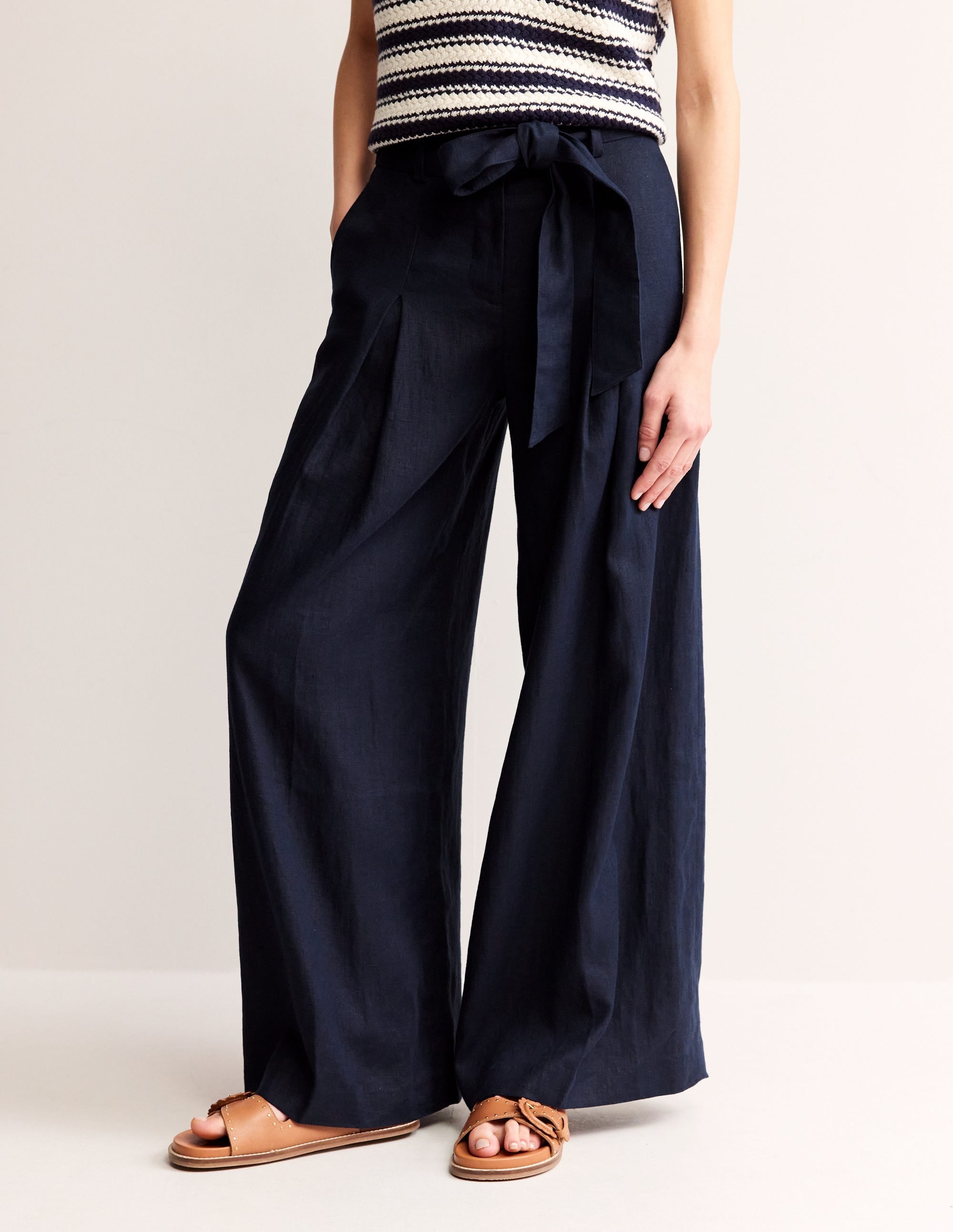 Palazzo Linen Trousers-Navy - Image 4