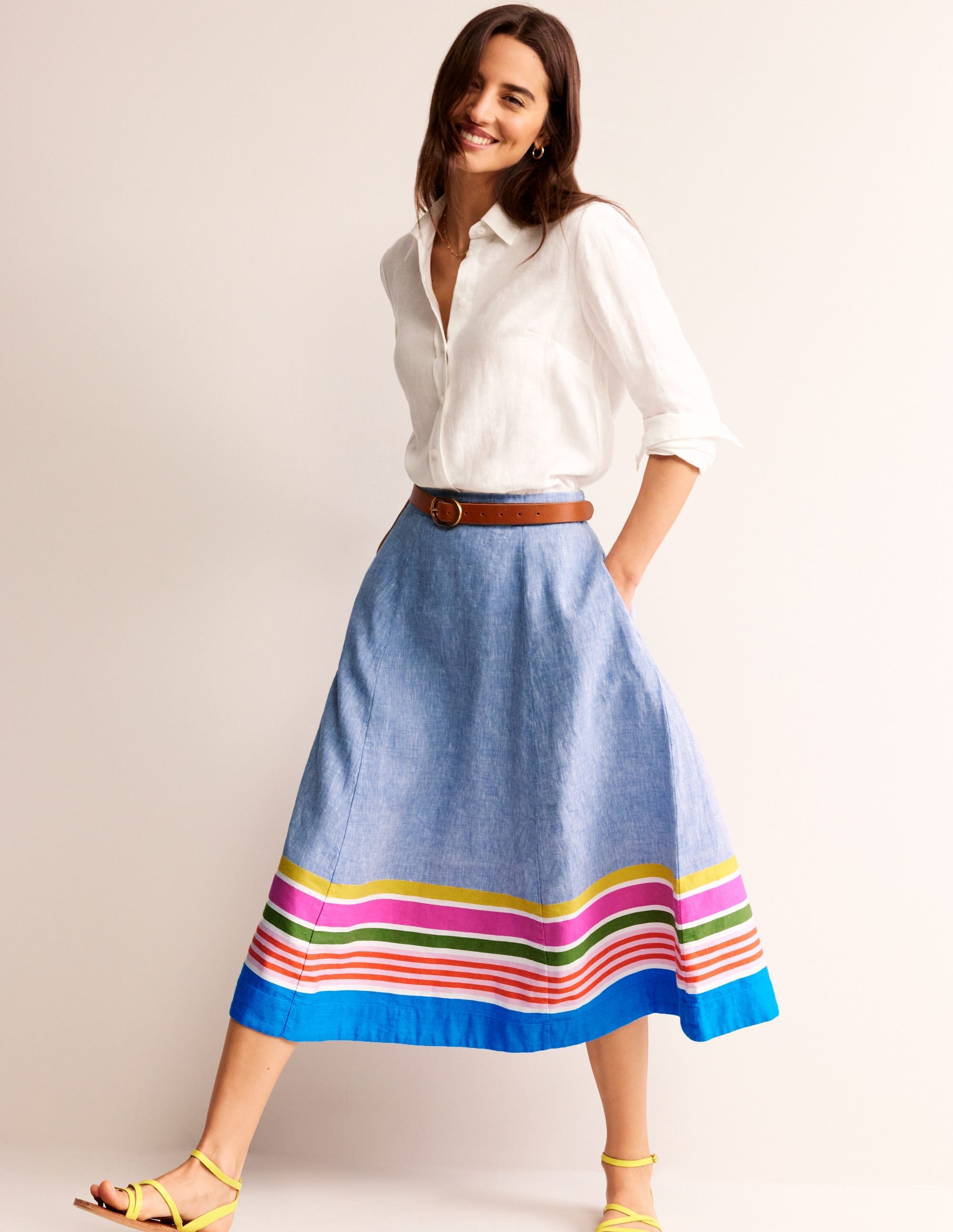 Stripe Hem Linen Skirt-Blue Multistripe - Image 1
