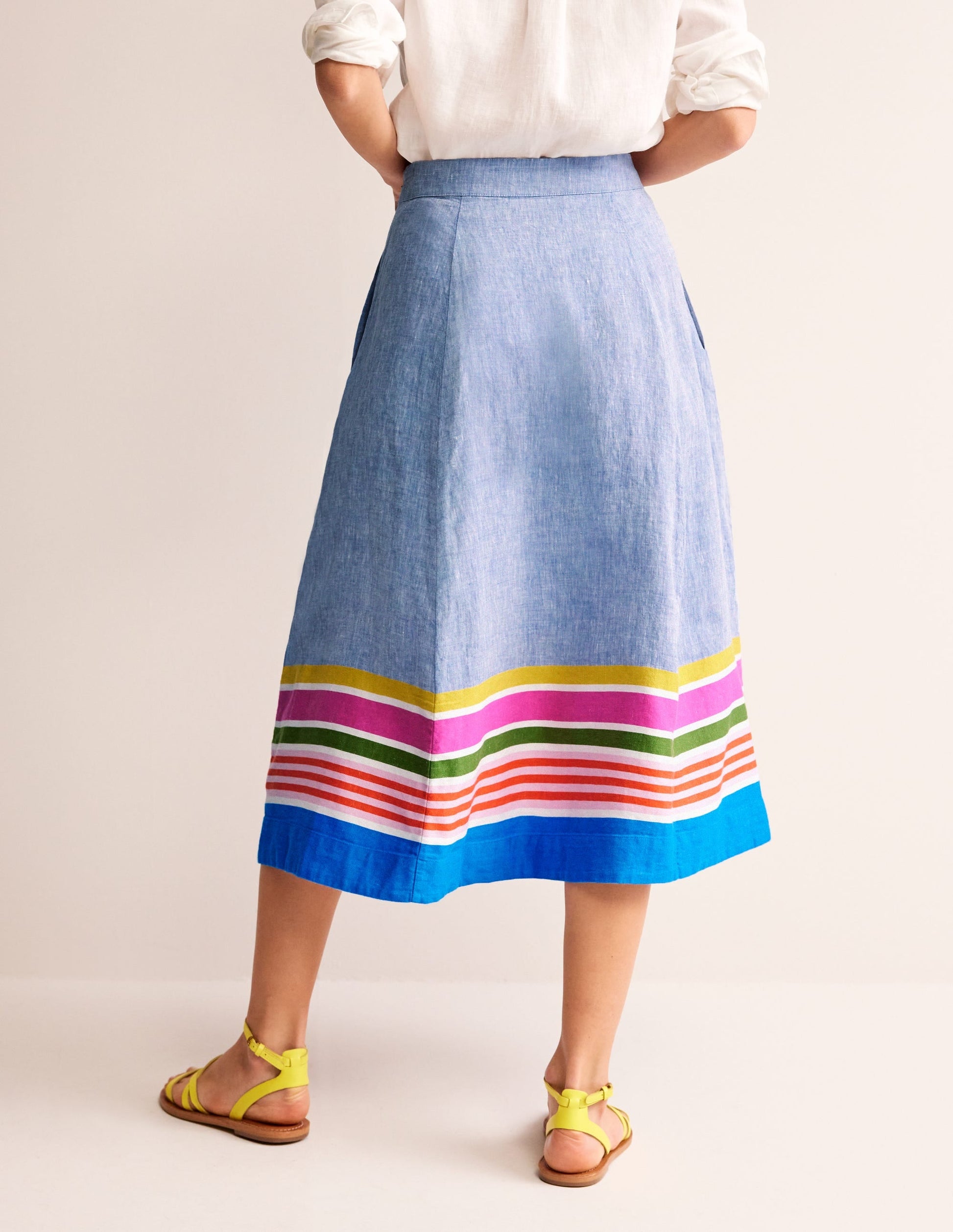 Stripe Hem Linen Skirt-Blue Multistripe-3