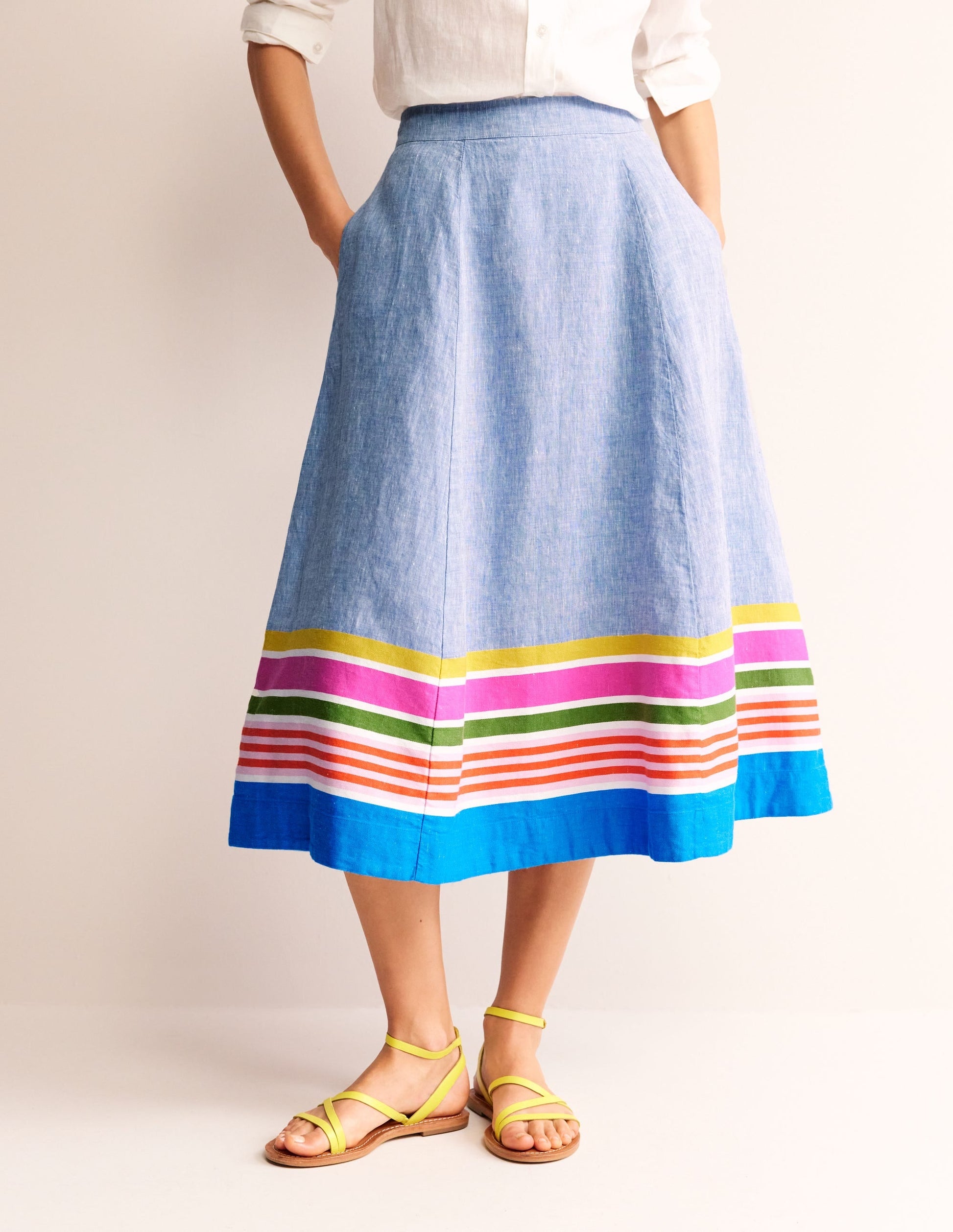 Stripe Hem Linen Skirt-Blue Multistripe-4