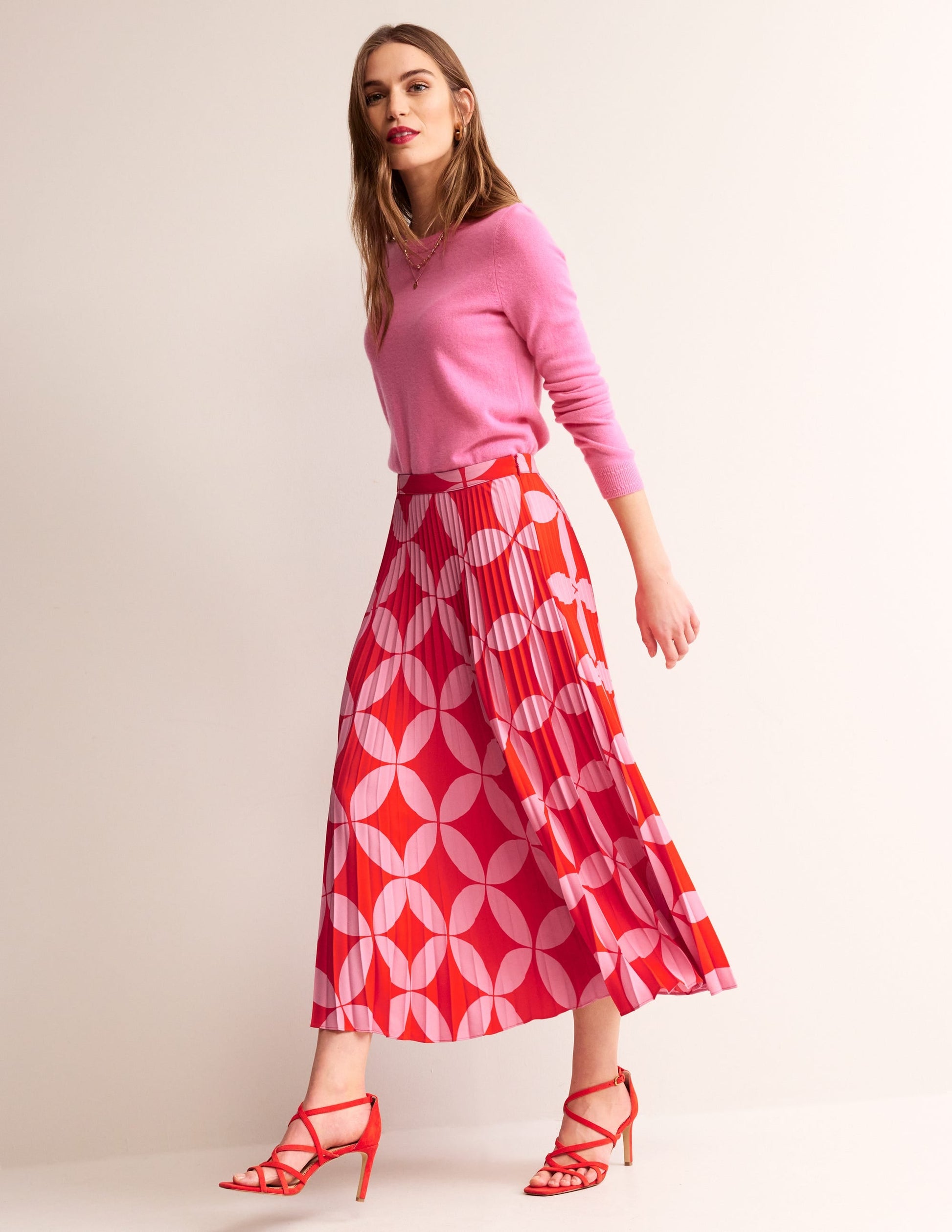 Pleated Midi Skirt-Flame Scarlet, Diamond Terrace-1