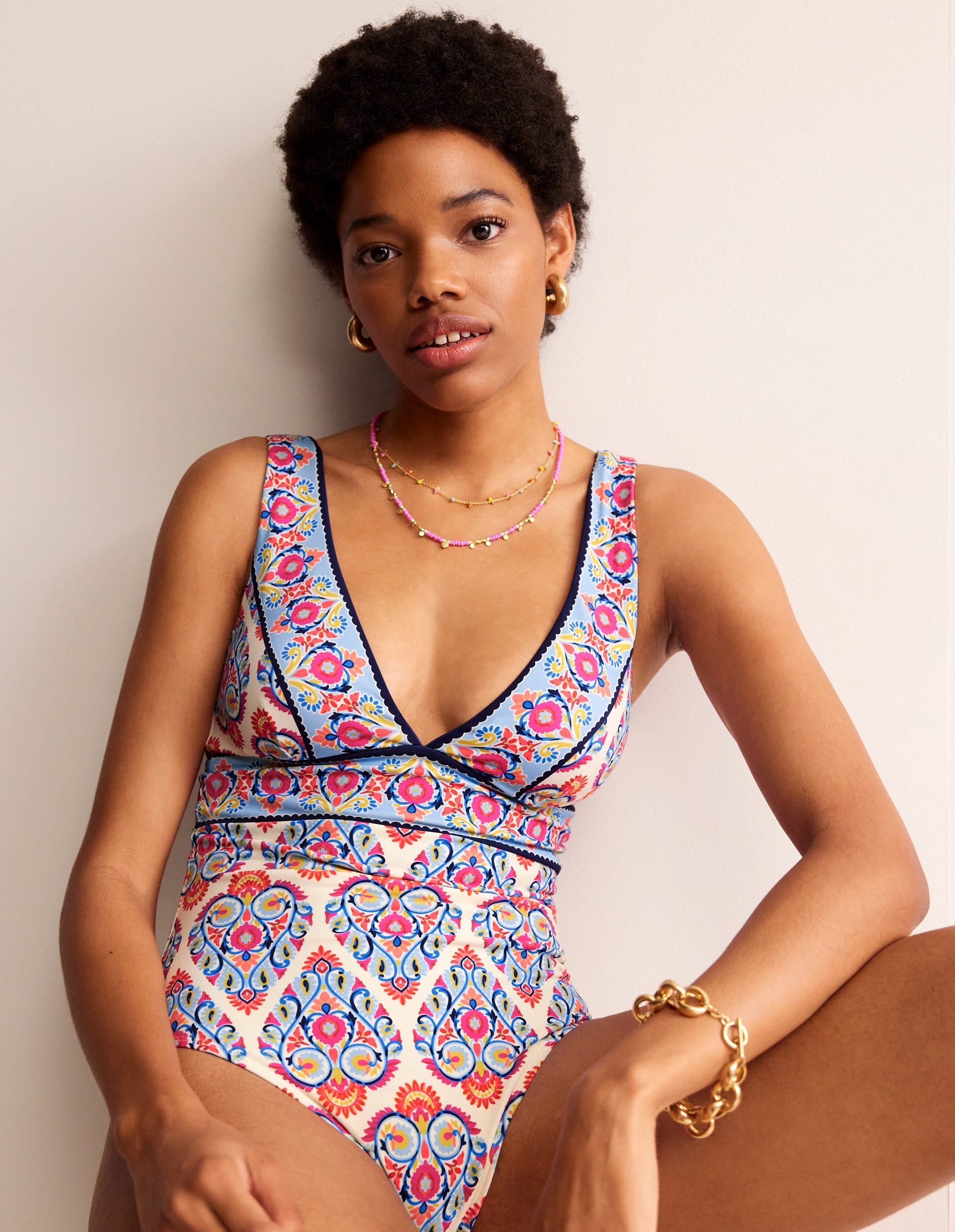 Porto V-Neck Swimsuit-Ivory, Flora Stamp - Image 1
