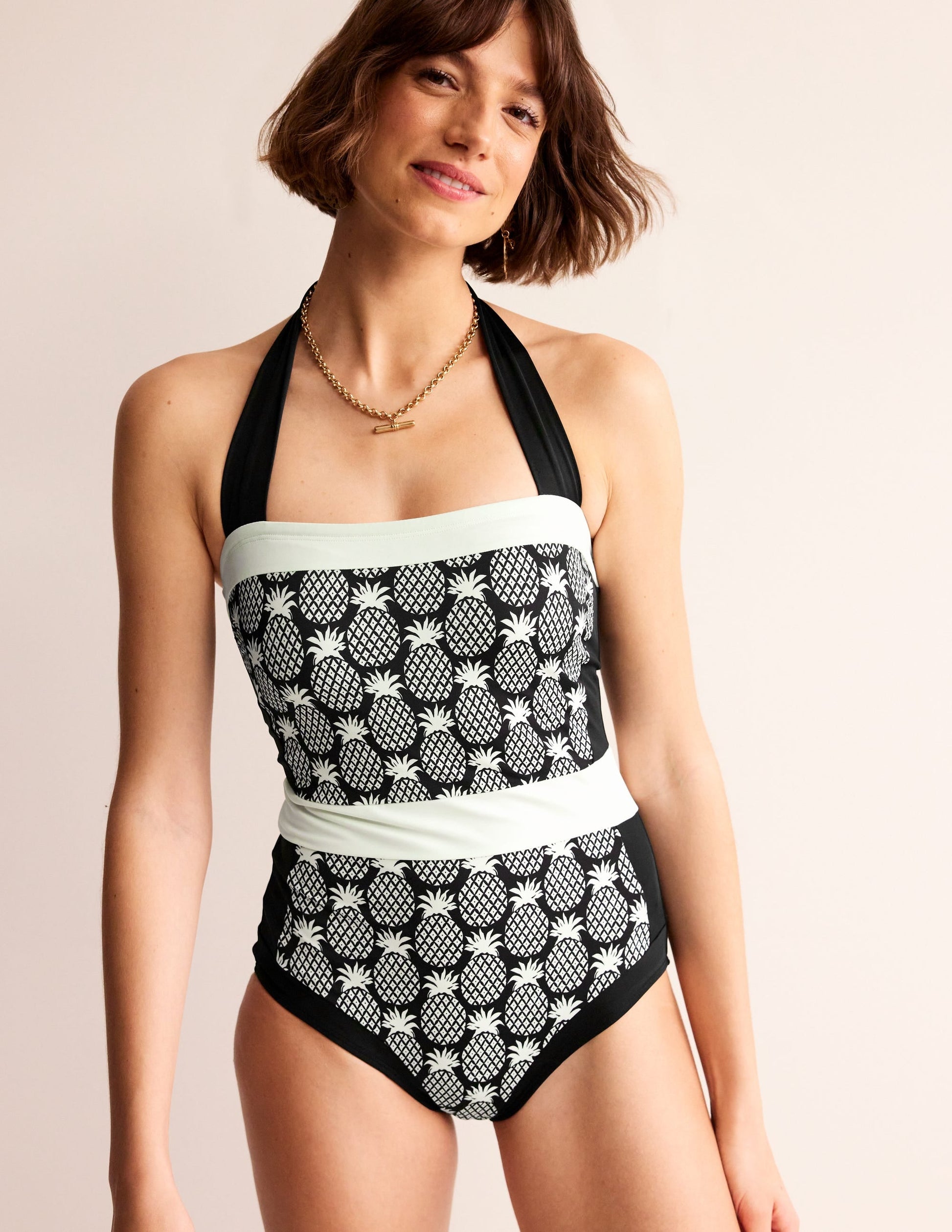 Santorini Halterneck Swimsuit-Black, Pineapple Geo-2