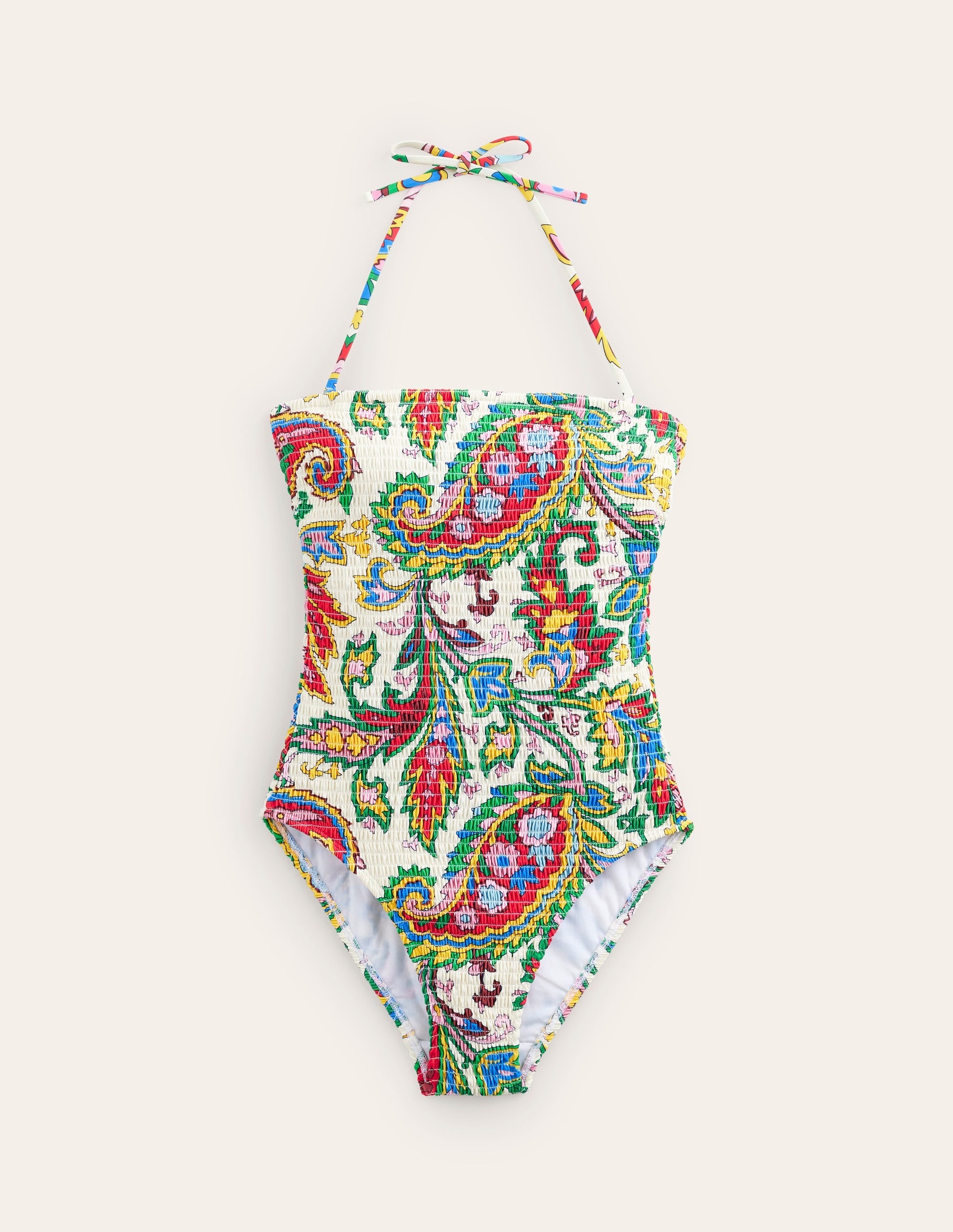 Milos Smocked Bandeau Swimsuit-Ivory, Paisley Azure - Image 5