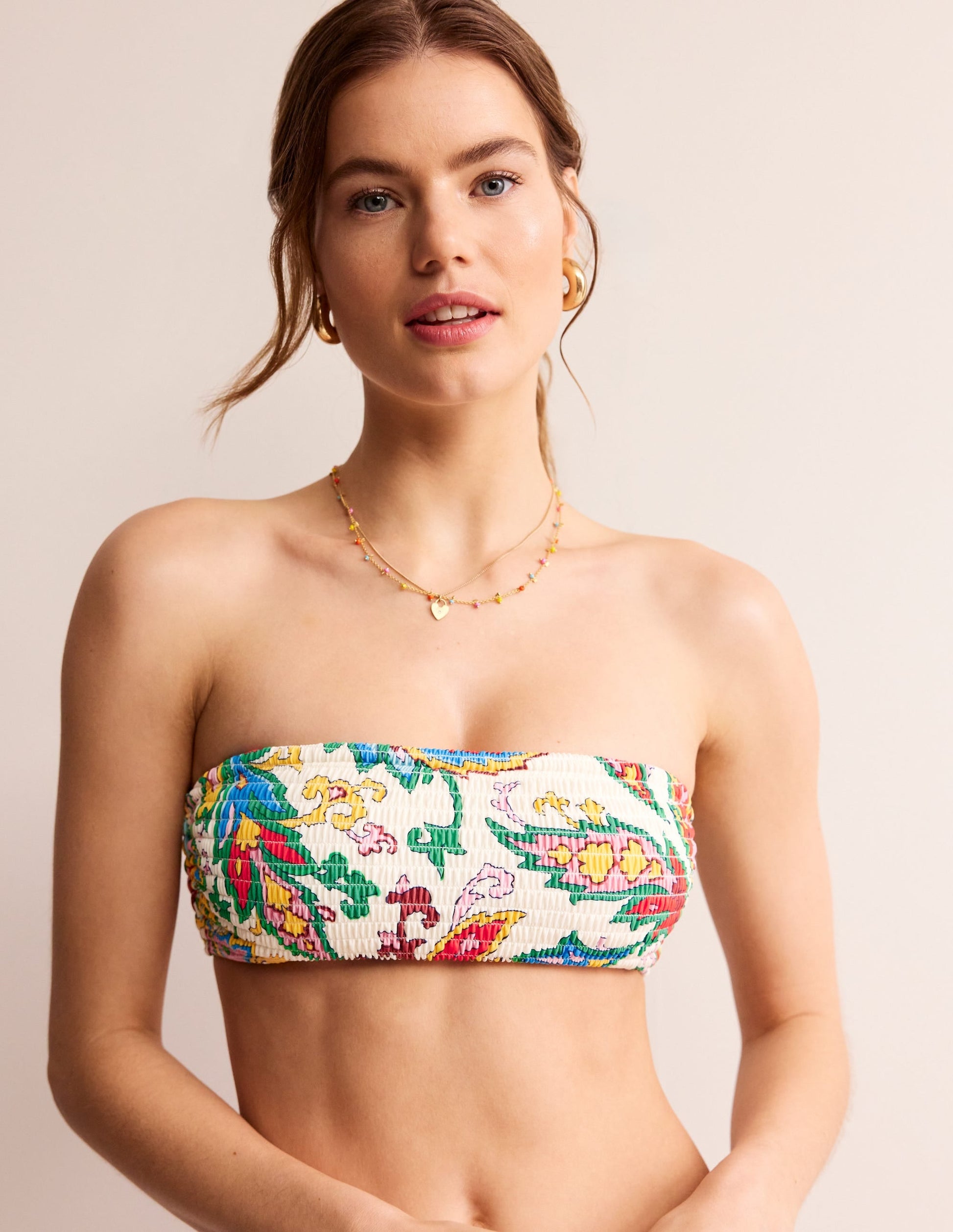 Milos Smocked  Bikini Top-Ivory, Paisley Azure-1