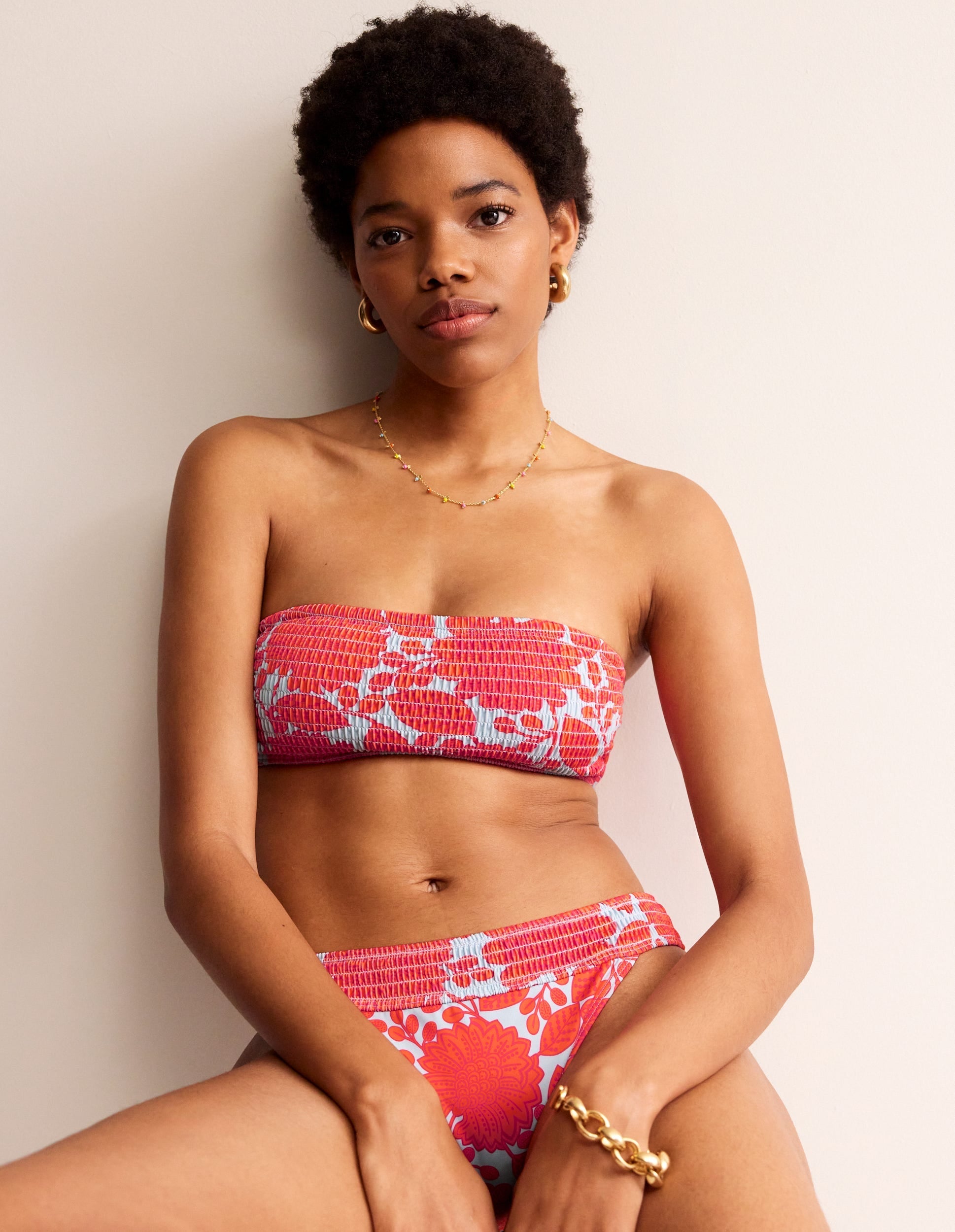 Milos Smocked  Bikini Top-Fire Cracker, Gardenia Swirl-1
