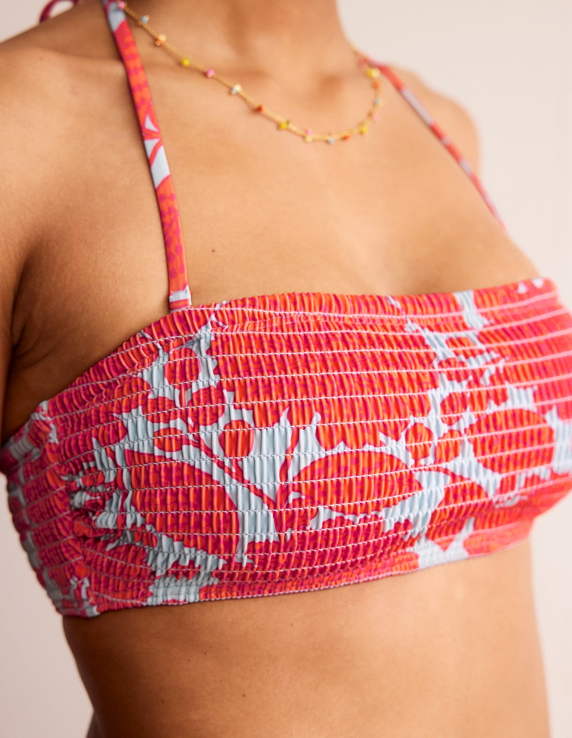Milos Smocked  Bikini Top-Fire Cracker, Gardenia Swirl-2