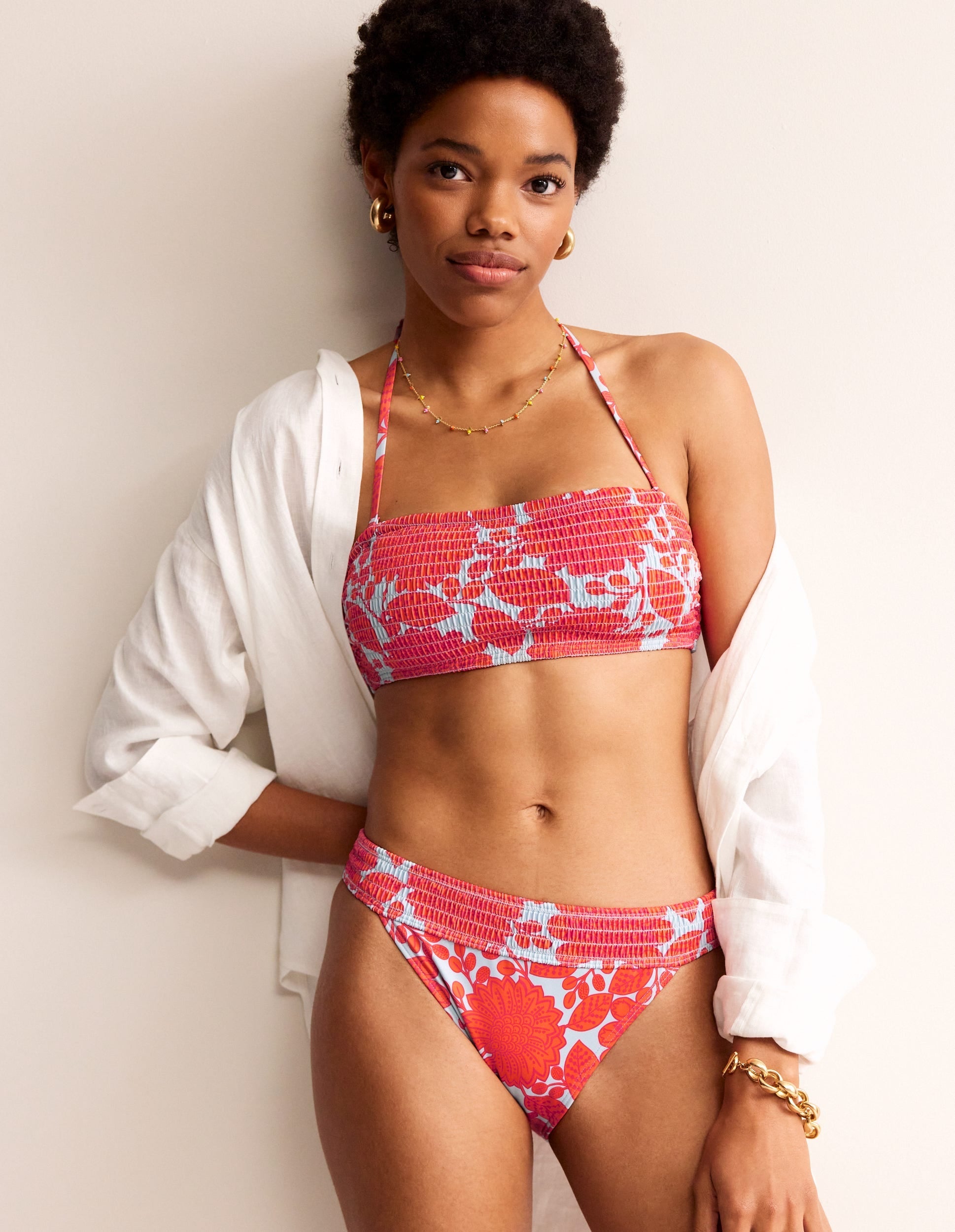 Milos Smocked  Bikini Top-Fire Cracker, Gardenia Swirl-4
