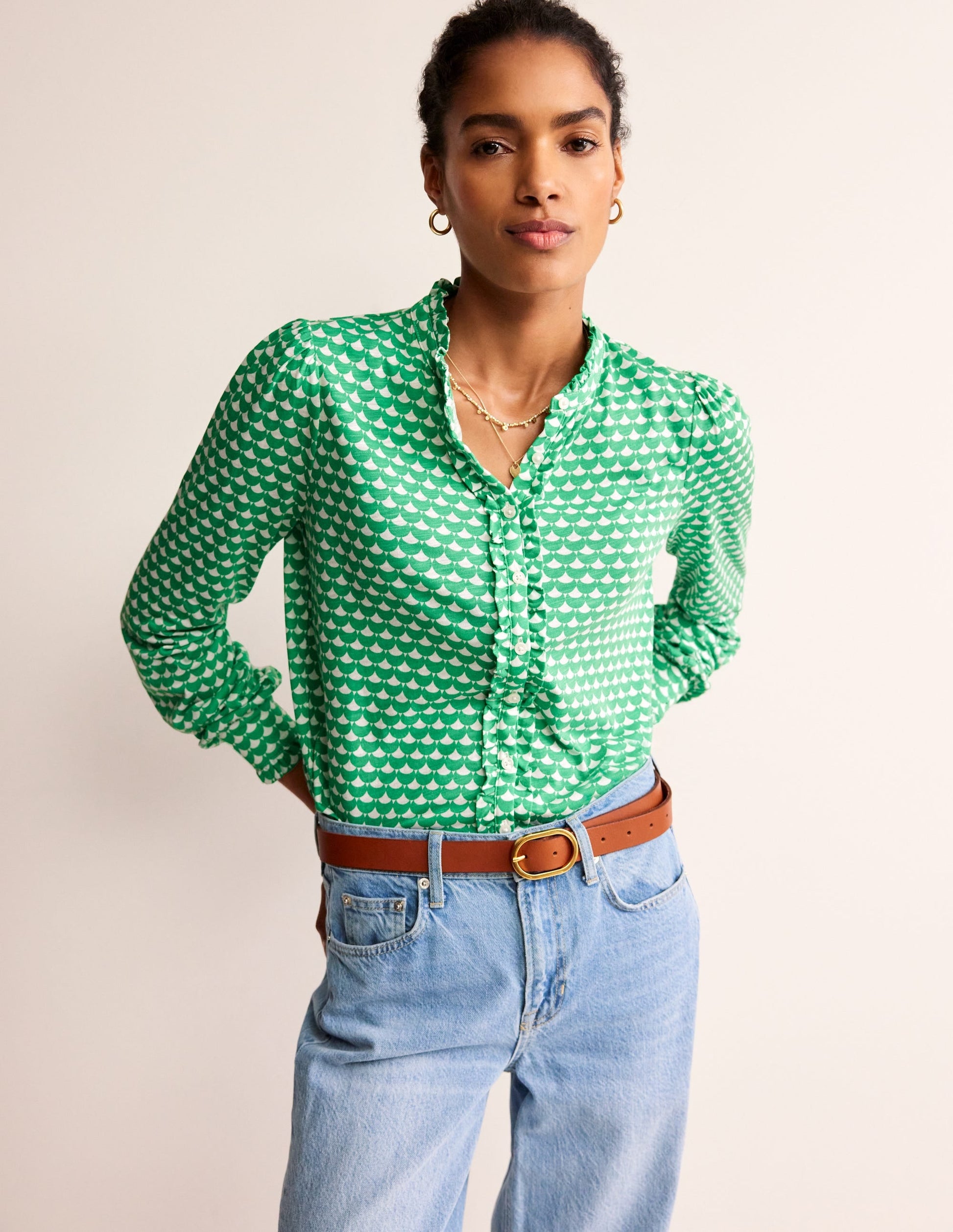 Caroline Jersey Shirt-Ming Green, Crescent Stamp-1