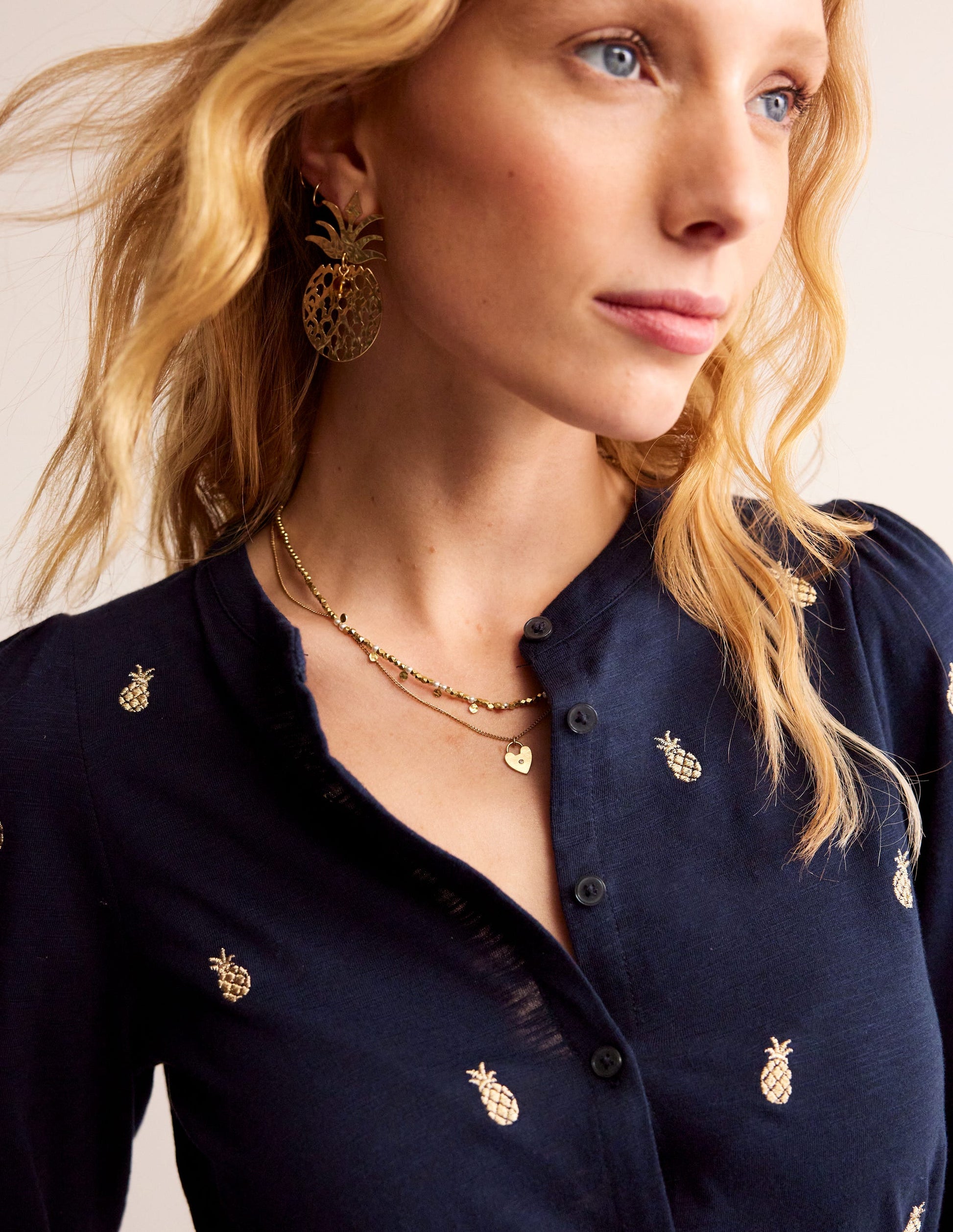 Marina Embroidered Shirt-Navy, Pineapple Embroidery-2