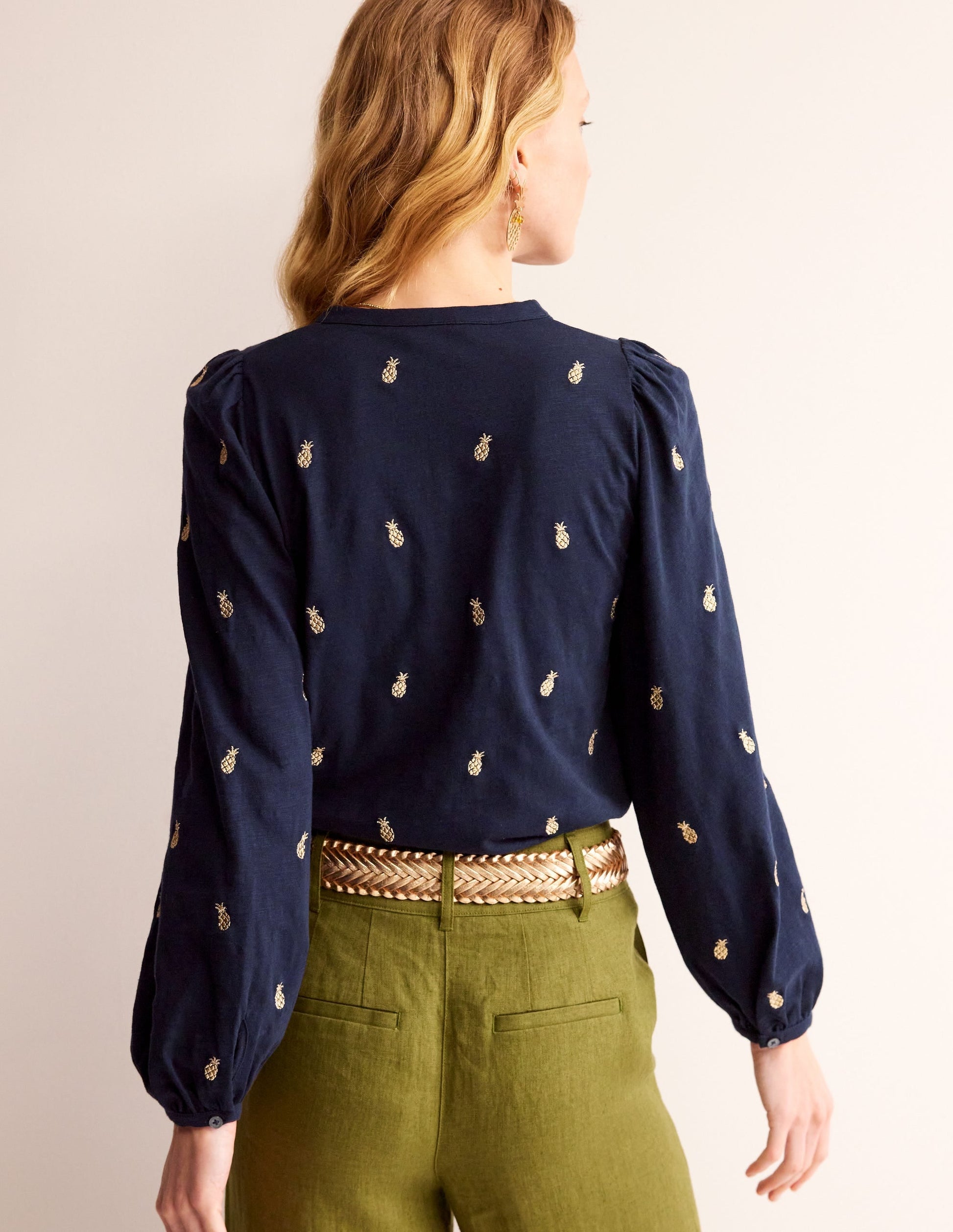 Marina Embroidered Shirt-Navy, Pineapple Embroidery-3