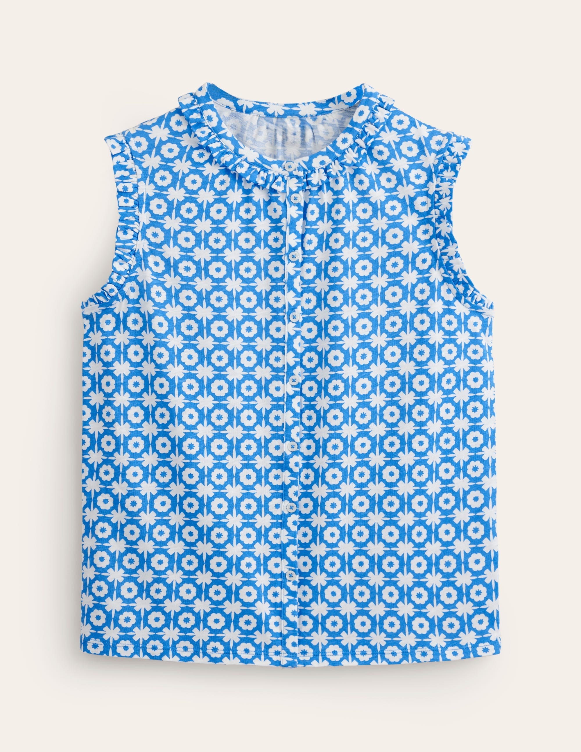Olive Sleeveless Shirt-Brilliant Blue, Blossom Tile - Image 5